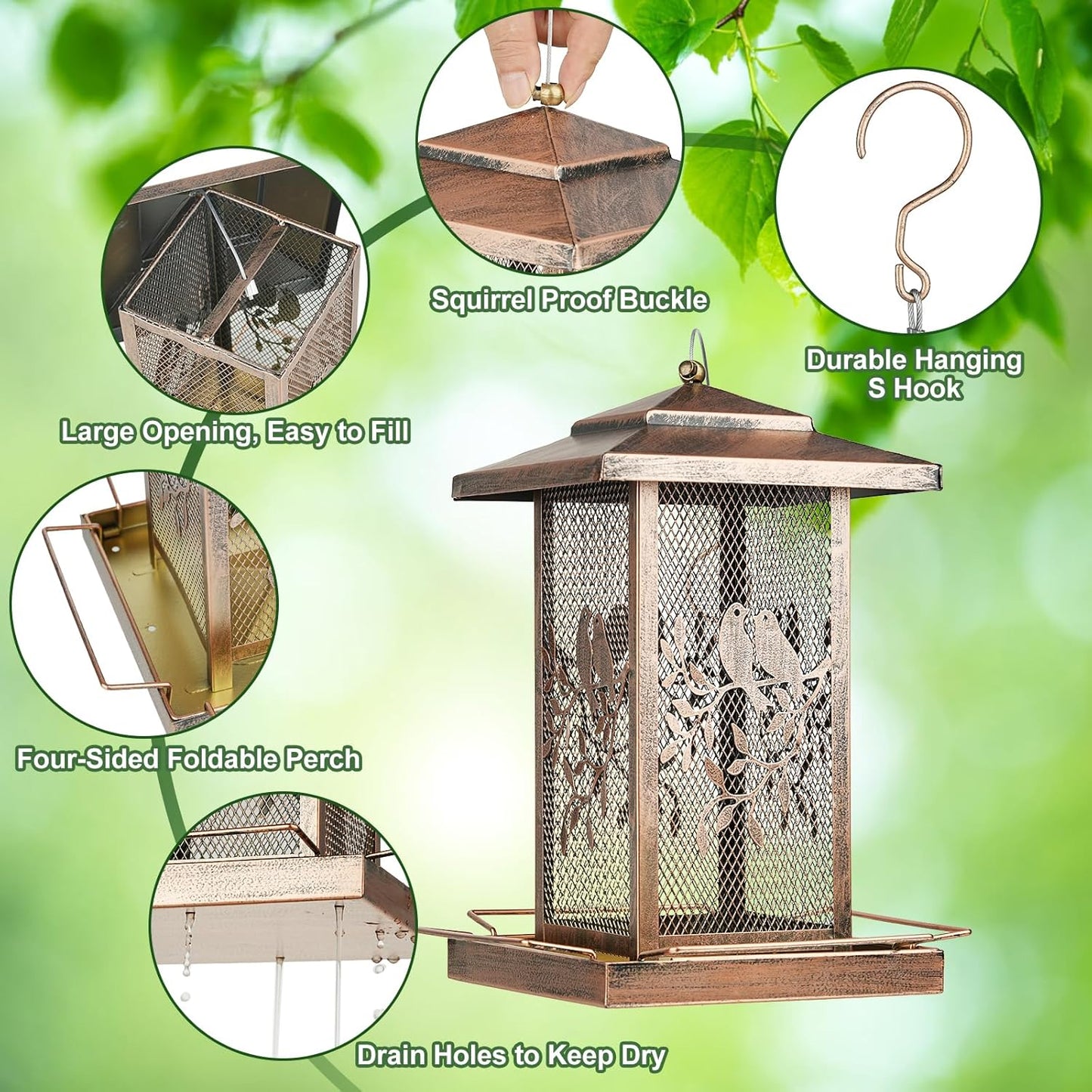 LBTING Bird Feeder for Outside, Metal Lantern-Shaped Bird Feeder, Squirrel Proof Wild Bird Feeders for Hanging Outdoor Garden Yard, Birds Pattern