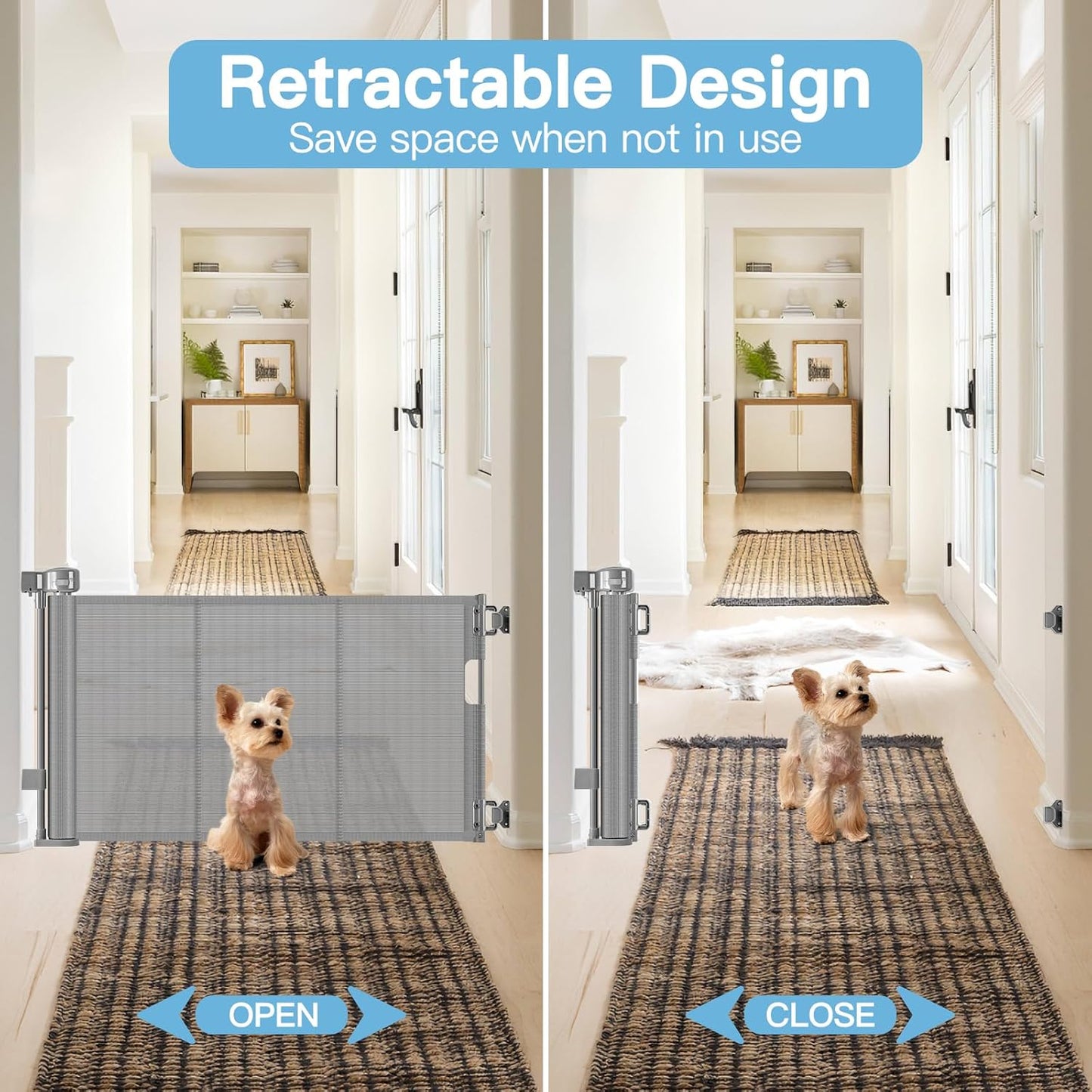 Short Dog Gate 0"-39" Wide Narrow Baby Gate 24” Tall Retractable Short Baby Gate to Step Over Short Pet Gate for Stairs and Doorways Small Dog Gate Doggie Gates Puppy for The House, Gray