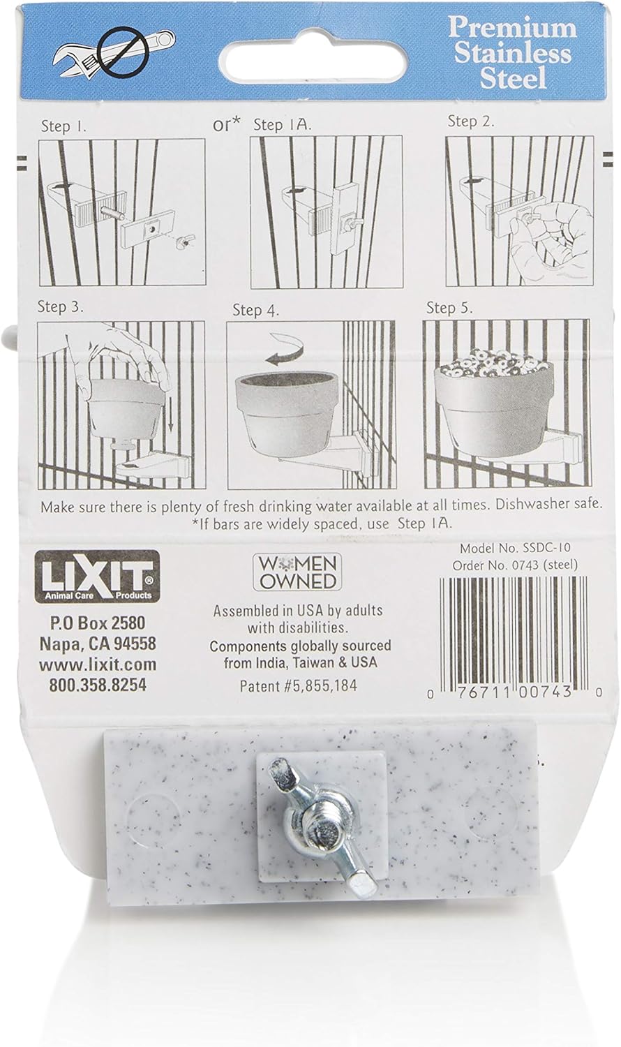 Lixit® Stainless Steel Kennel Food or Water Bowl - Non Spill Hanging Removable Crate Bowls - Carrier Cage Dish for Dogs or Cats for Feeding and Drinking (Stainless Steel, 10 Ounce)