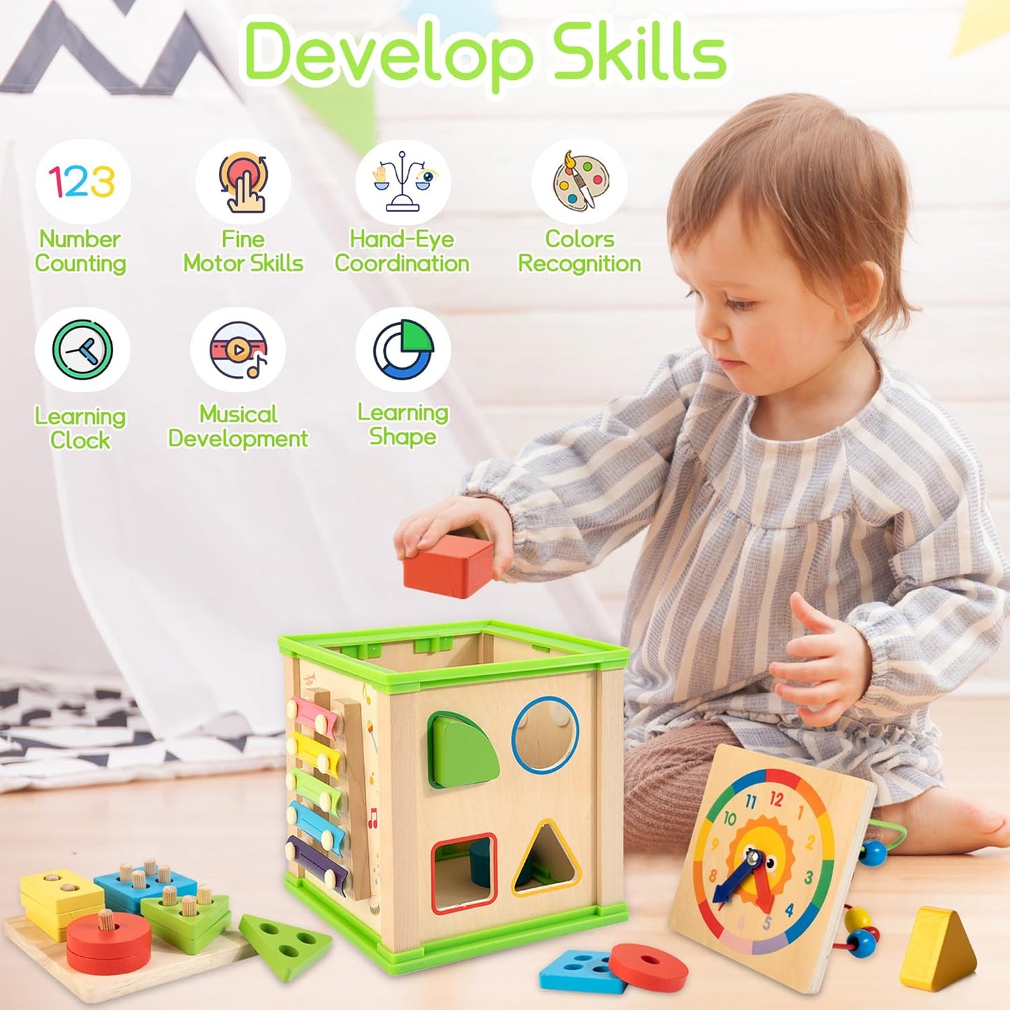 Wooden 7-in-1 Activity Cube| Montessori Toys for 1 2 3 Year Old Toddlers| Baby Educational Developmental Toys |One Year Old Boys Girls First Birthday Gifts |Bonus Sorting & Stacking Board