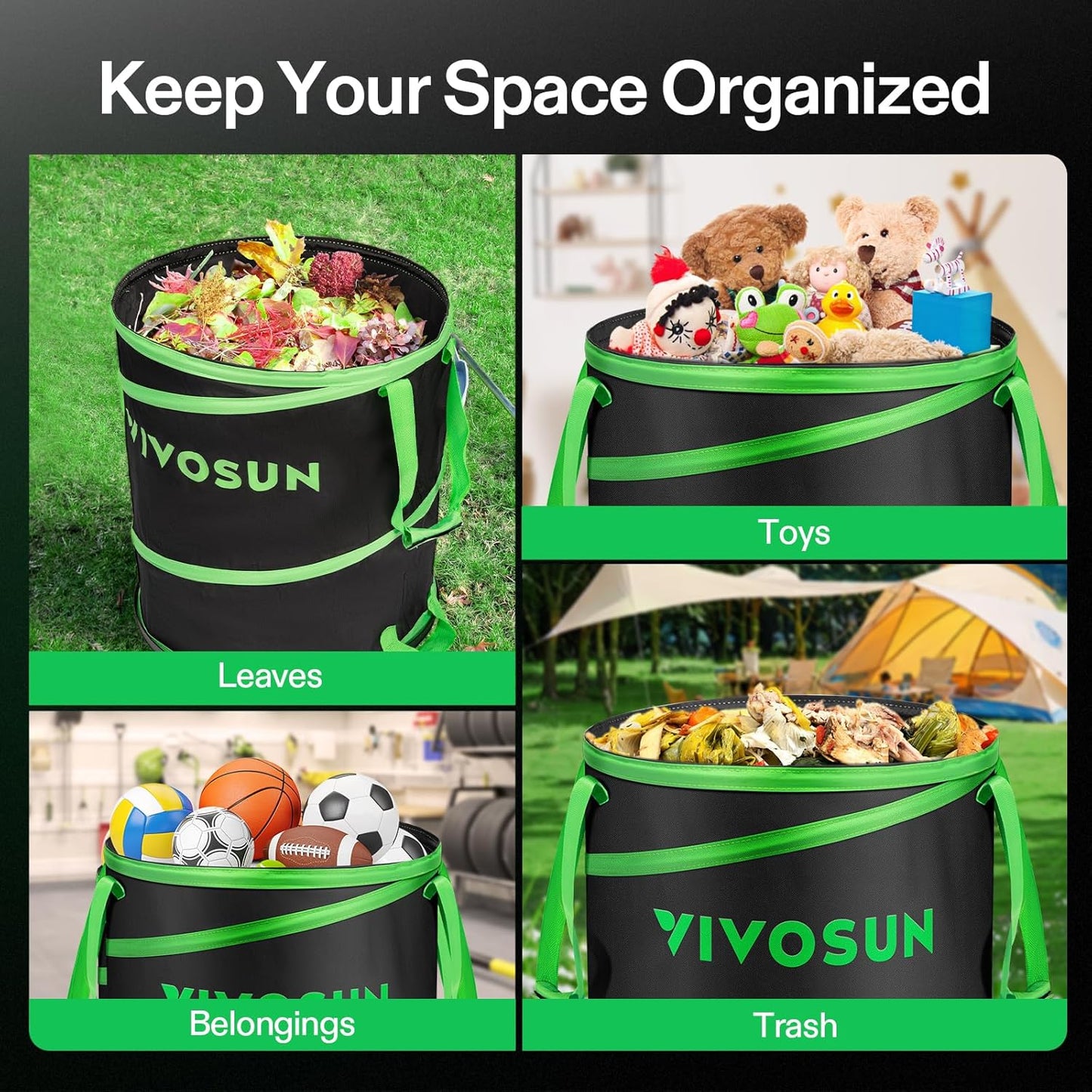 VIVOSUN 47-Gallon Collapsible Garden Bag, Yard Waste Bin with Hard-Shell Bottom, Leaf Scoops and Gloves, Collapsible Yard Waste Containers for Lawn Care and Camping