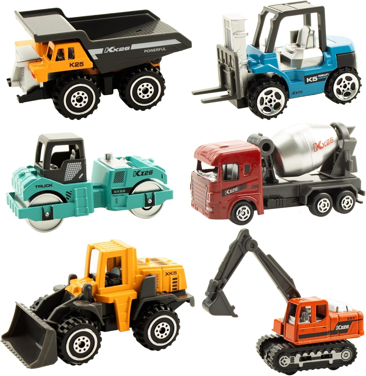 BenRich 6 Pcs Mini Die Cast Toy Set 1/64 Scale Alloy Construction Model Vehicles - Excavator, Dump Truck, Bulldozer, Forklift, Mixer Truck, Road Roller Toys Car for Boys Girls Birthday Present