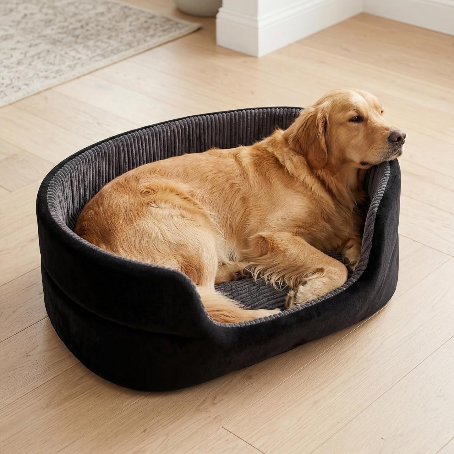 Large Dog Bed Cat Bed 20x30 Inch, Calming Pet Bed for Medium Dogs & Large Cats, Half-Enclosed Open-Top Velvet Anti-Anxiety Bed, Machine Washable Cozy Snuggle Bed (Black)