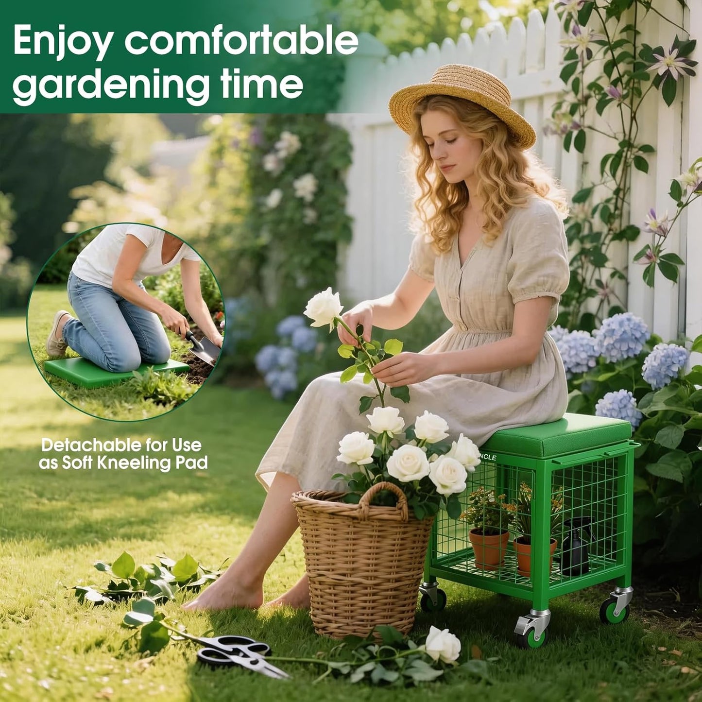 3 IN 1 Rolling Garden Cart with Kneeler and Seat on Wheels, Heavy Duty 500 Lbs Upgraded Garden Work Seat, Metal Garden Stools for Seniors, Multifunctional for Lawn/Patio/Backyard Outdoor Use