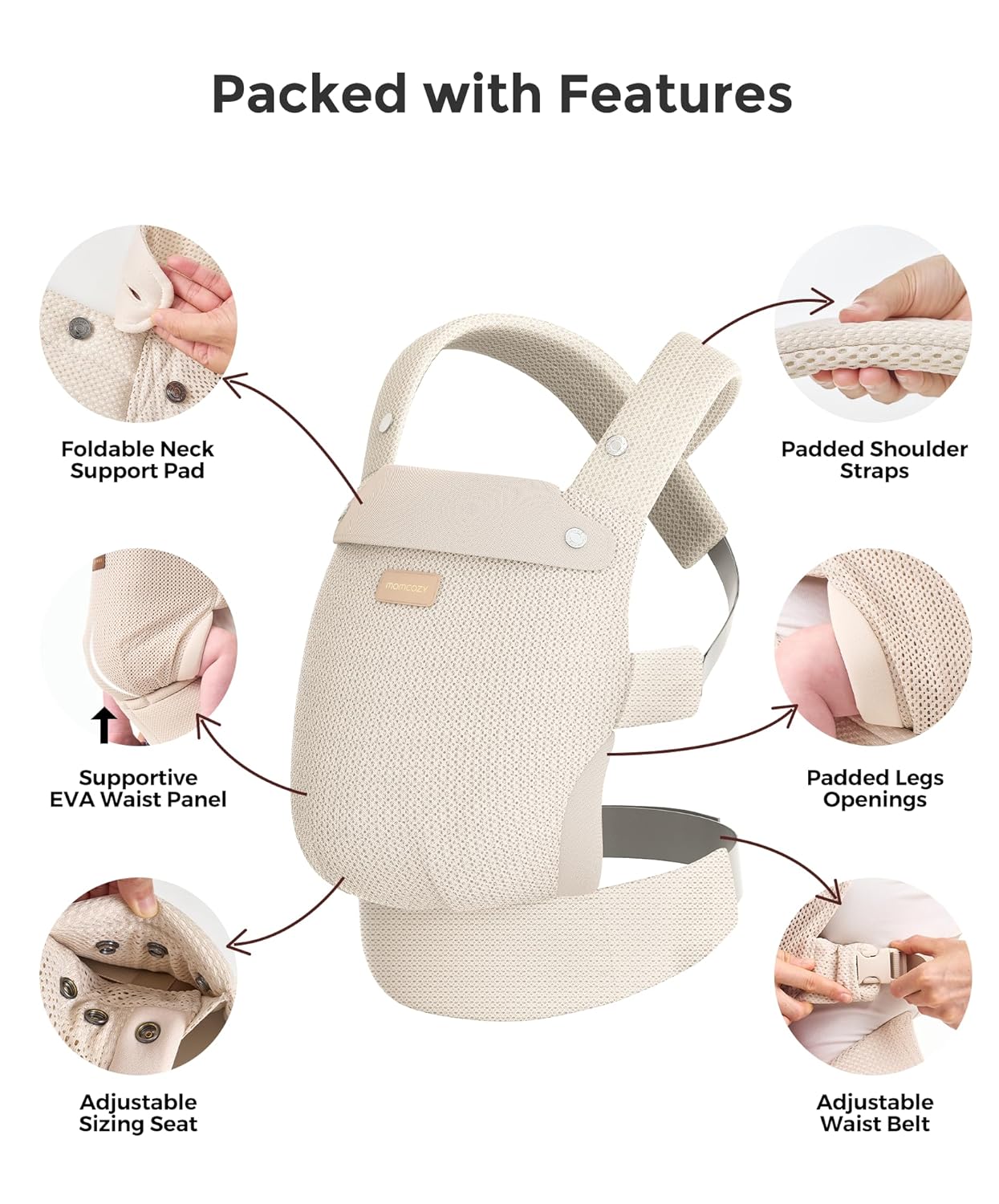 Momcozy Breathable Baby Carrier, Ergonomic and Lightweight Infant Carrier for 7-45lbs with Enhanced Lumbar Support, All Day Comfort for Hands-Free Parenting, Air Mesh-Apricot Beige