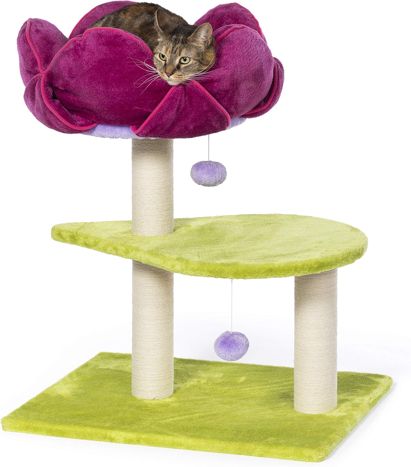 Prevue Pet Products Flower Garden Cat Tree - Multi-Level Indoor Cat Tower with Scratching Posts, Includes Hanging Toys and Play Areas, Plush Bed & Scratching Posts - Green and Pink