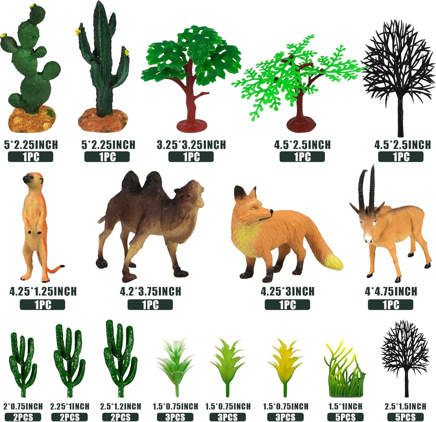MOMOONNON 34pcs Desert Animal Figures Mixed Diorama Model Plants Artificial Animals with Camel Fox Meerkatz Gazelle for Crafts Building Model Desert Scenery Landscape Supplies
