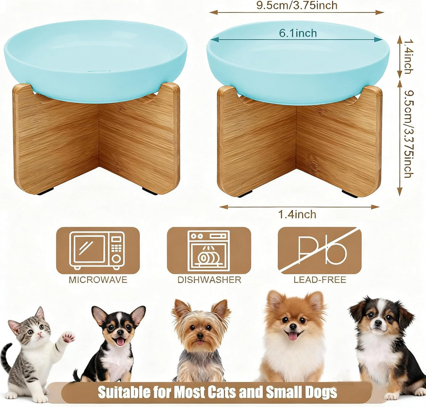 Shallow Elevated Cat Bowls with Bamboo Stand, 6.1 Inch Wide Ceramic Cat Dish Whisker Friendly, 2 Pack Pet Food and Water Plates
