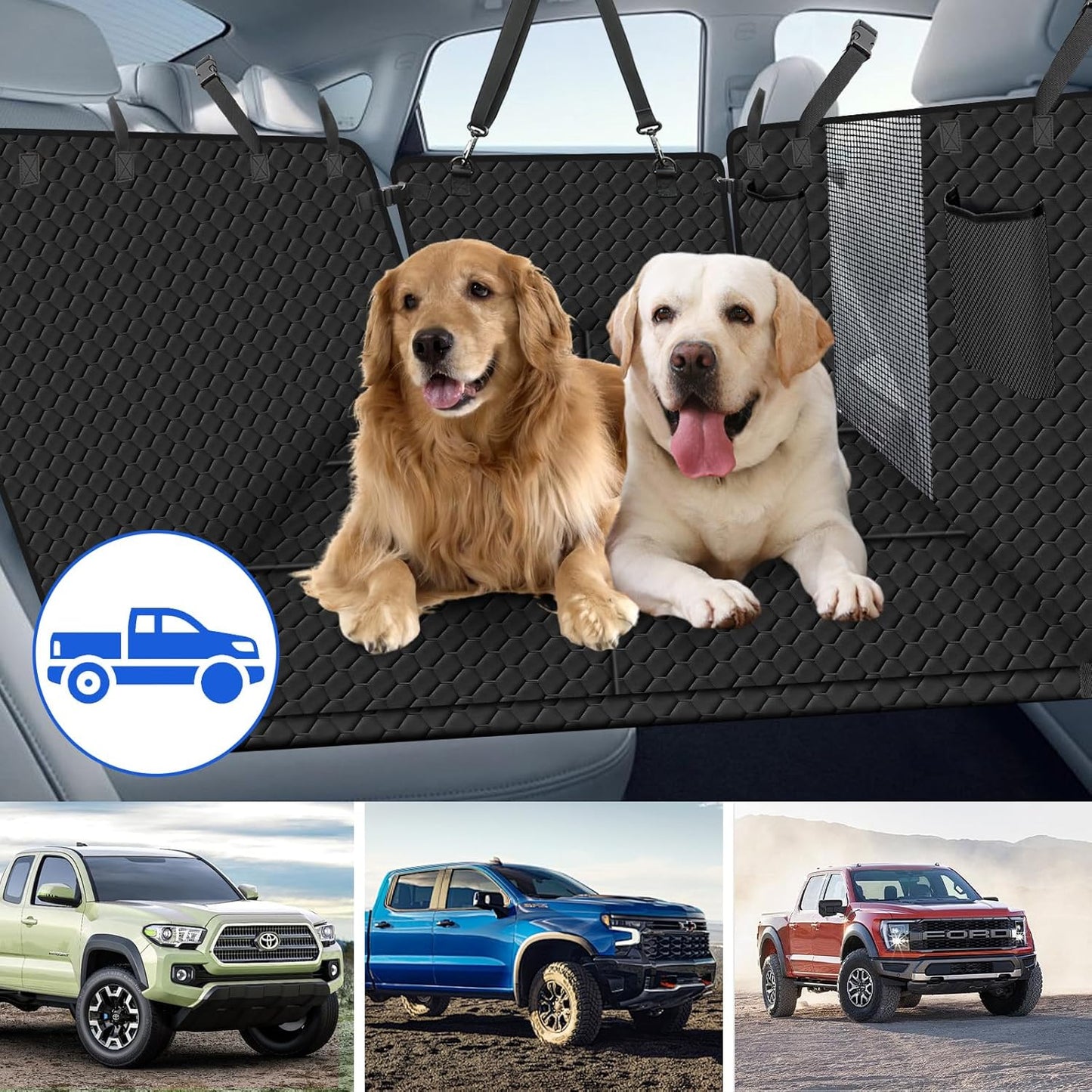 XL Dog Back Seat Extender for Crew Cab Truck, Hard Bottom Dog Car Seat Cover Waterproof Dog Car Hammock Pet Backseat Bed, Pet Truck Accessories for F150 / RAM 1500/ Tundra Crew Cab, Black