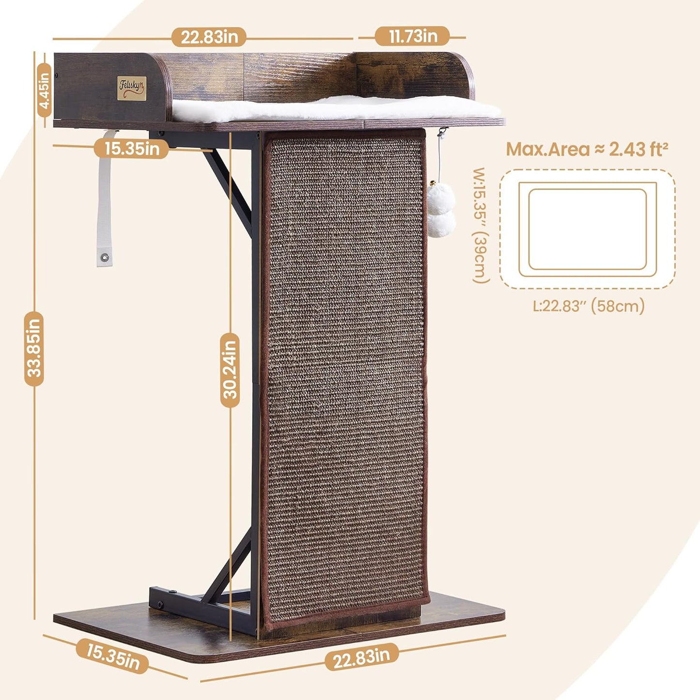 Modern Wood Cat Tree Tower for Indoor Large Cats, 33.8-Inch Tall Wooden Cat Trees with Big Perch Bed, Cat Scratching Pads, Washable Removable Cushions and Scratching Mat, Cat Furniture, Rustic Brown