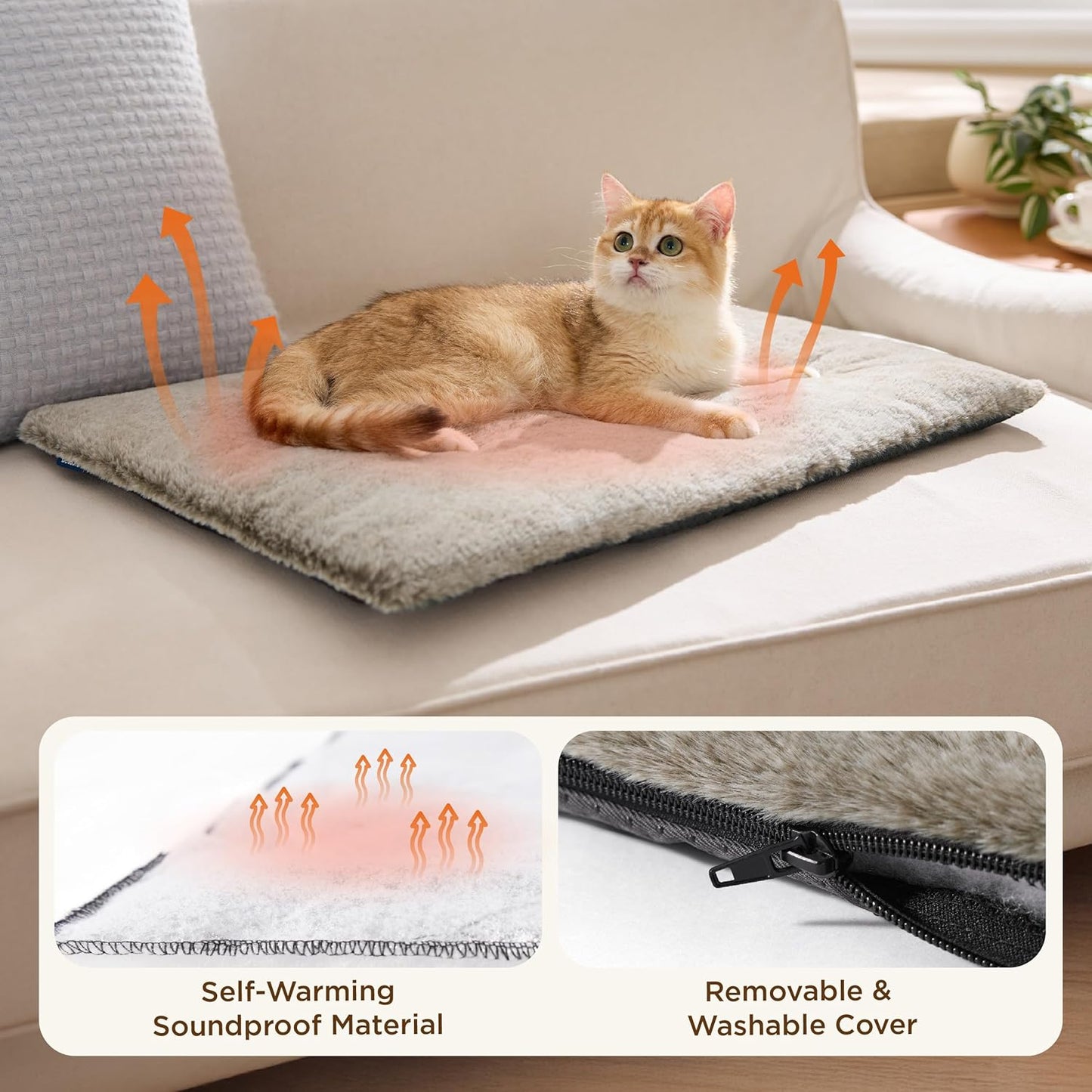 Bedsure Self Warming Cat Bed, Extra Warm Self Heating Mat for Cats & Dogs Non Electric, Anti-Slip Small Thermal Pet Pad Indoor with Removable Washable Cover, 24" x 18",Brown