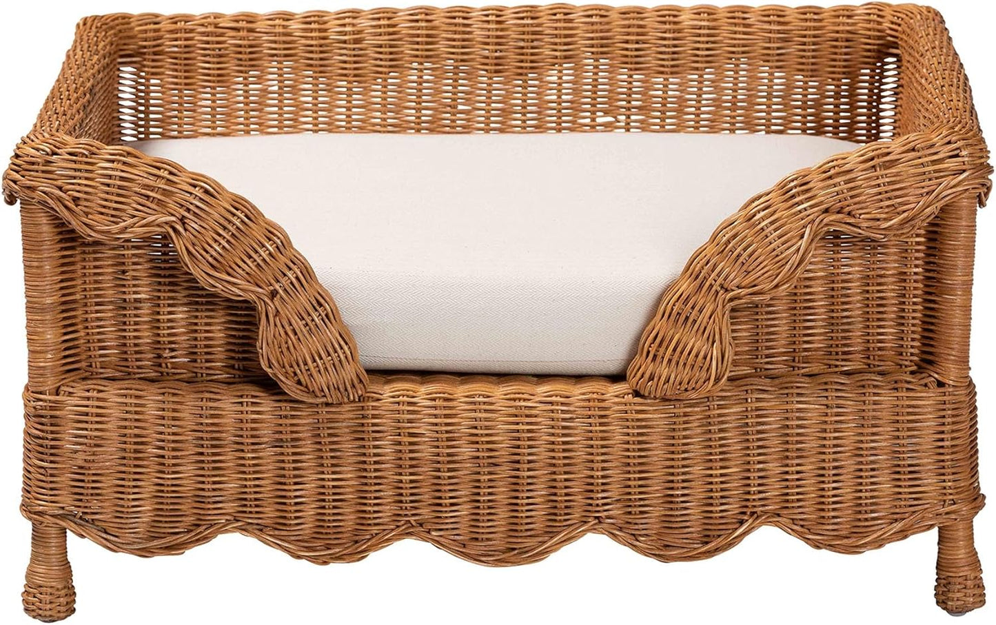 Bali & pari Papina Natural Rattan Pet Bed with Scalloped Sides - Handwoven Wicker Enclosed Lounge Bed for Dogs and Cats with Removable Cushion, 31.5"