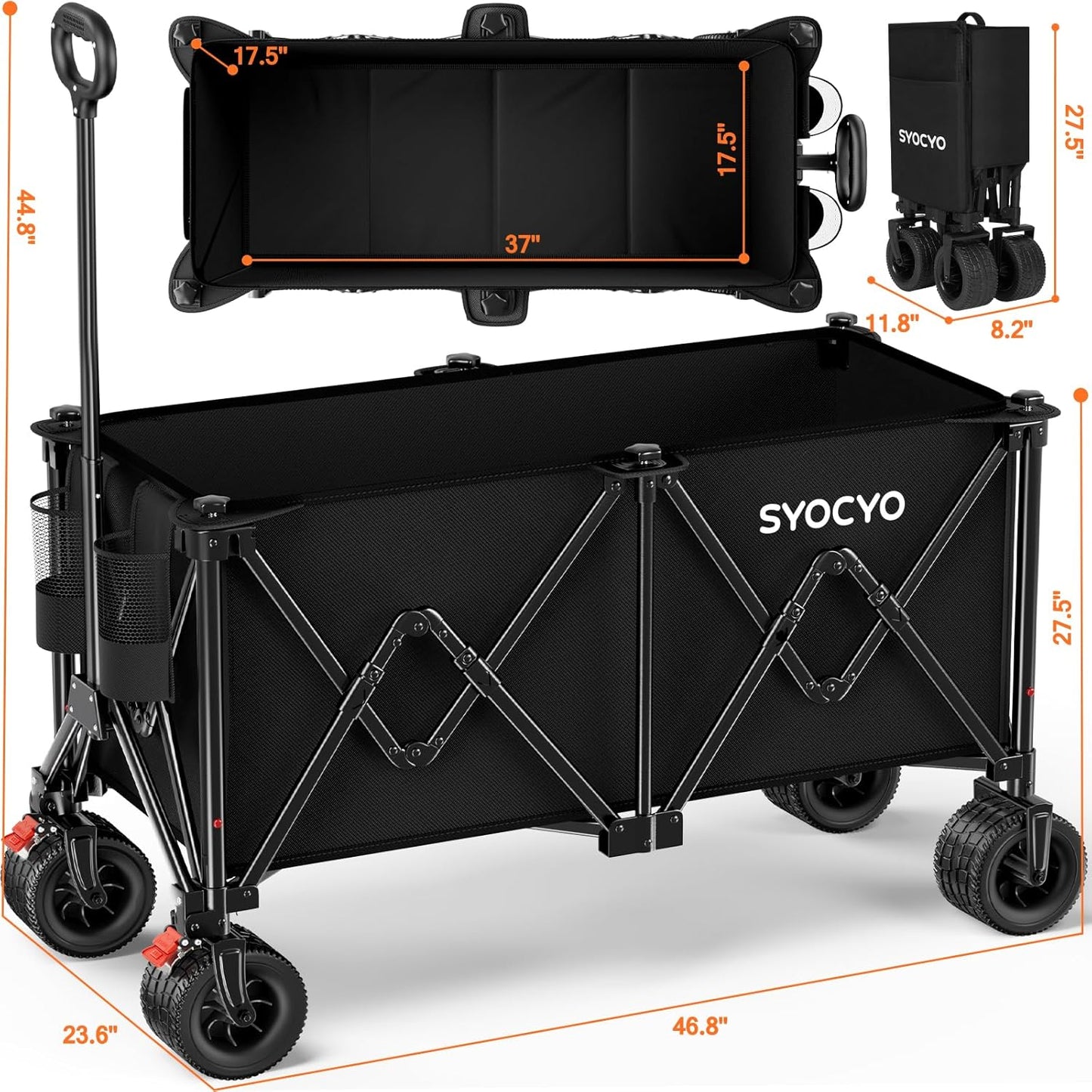 Collapsible Wagon Carts Foldable 570LBS Beach Wagon with Big All-Terrain Wheels Weight Capacity Heavy Duty Utility Carts with Cup Holders for Garden, Camping, Grocery, Sports Black