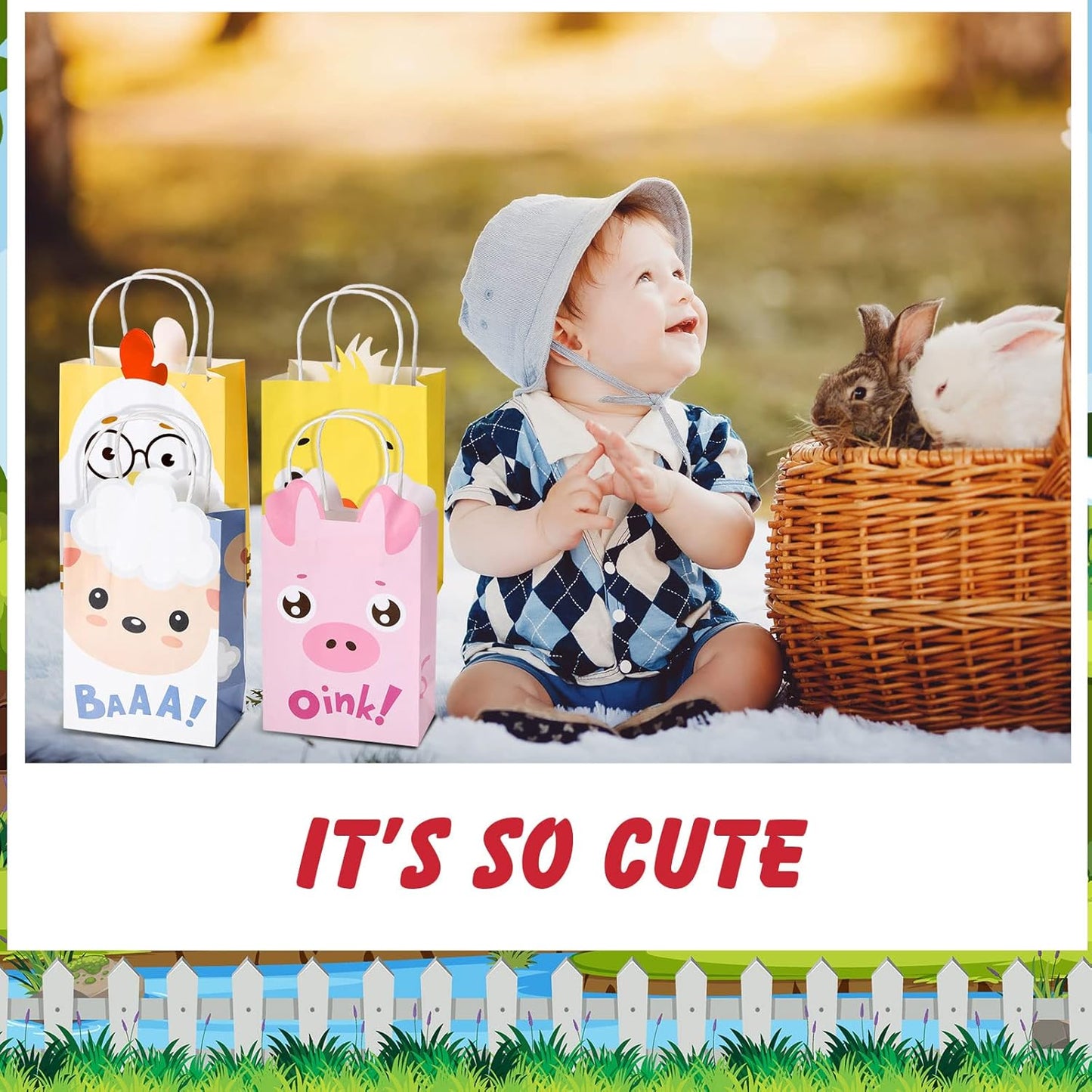 Tallew 16 Pack Farm Animal Party Favor Bags with Handles Farm Barnyard Treat Goodie Bags Kraft Paper Candy Gift Party Supplies for Kids Birthday Baby Shower Supplies Decorations
