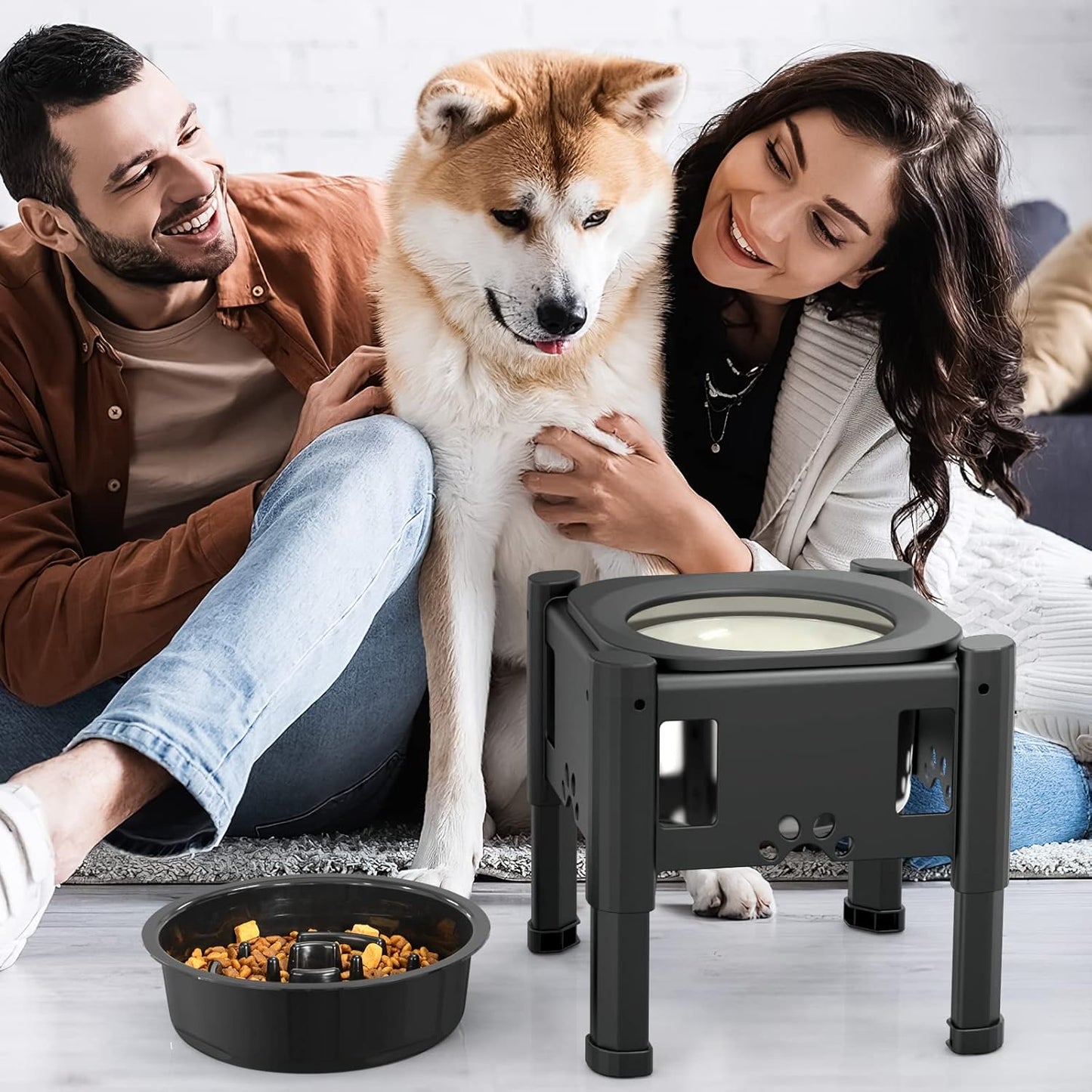 Lewondr Elevated Dog Water Bowl No Spill, 80OZ/2.5L Large Capacity Raised Water Bowl for Dogs with Slow Feeder Dog Bowl, 3 Heights Adjustable Elevated Dog Slow Water Bowl for Small Medium Large Dogs