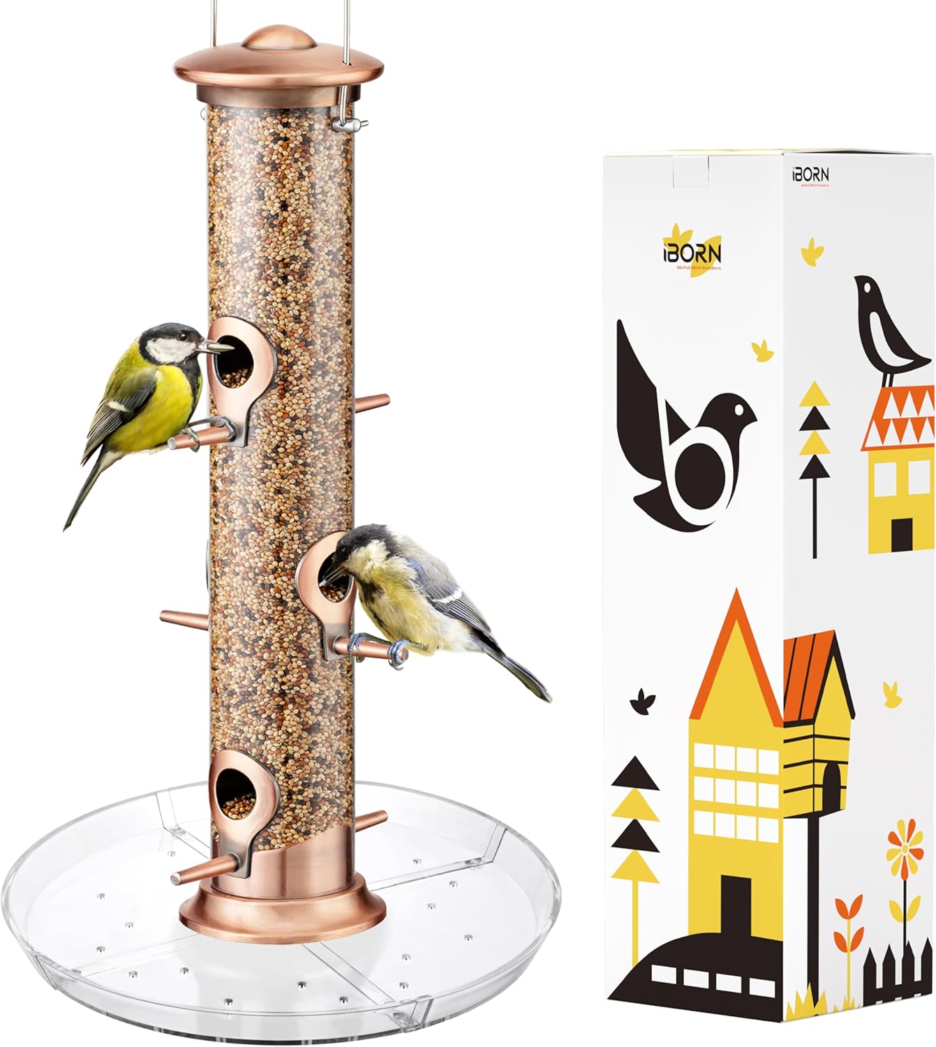 iBorn Bird Feeders Seed Catcher for Outside Hanging 6 Port Bird Feeder for Cardinal Birds Aluminium Metal,Brushed Copper Finishing 14 Inch 6 Port (Seed is not Included)