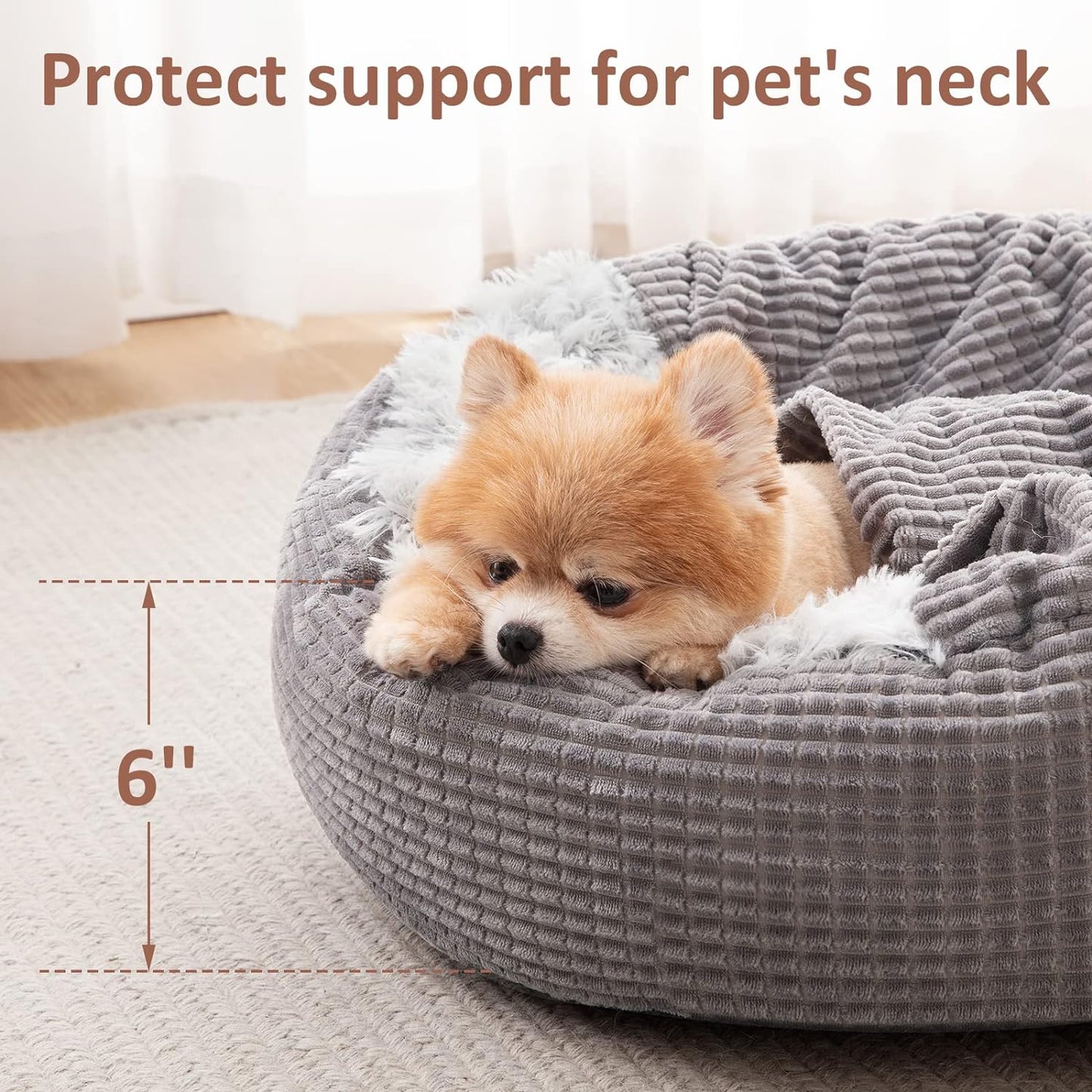 MIXJOY Dog Bed with Blanket, Round Calming Cozy Cave for Medium Dogs, Soft Plush Cuddler Puppy Bed and Burrow Cave, Anti-Slip Bottom, 26inch