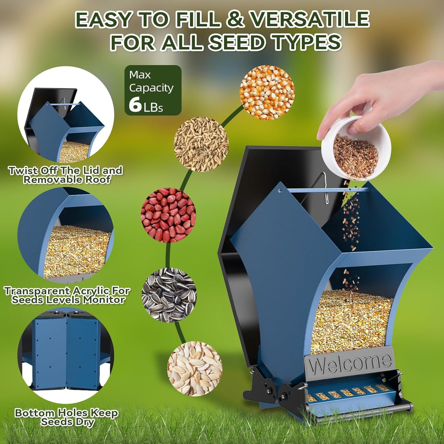 Wildpark Squirrel Proof Bird Feeders for Outdoors, 5LB Metal Hanging Feeders, Large Wild Feeders for Cardinals, Chickadees, Durable Backyard Feeders -One in Blue