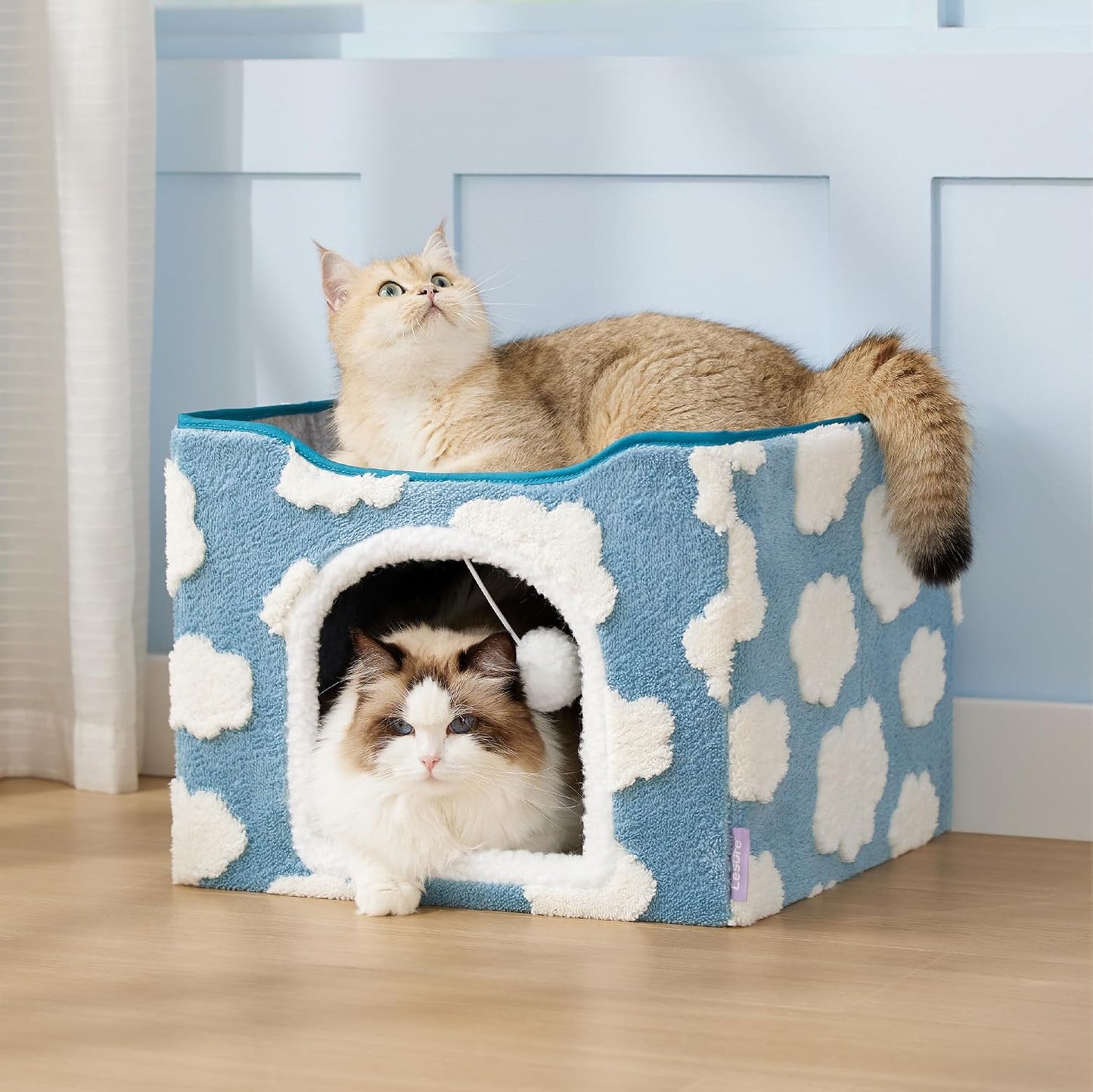 LE SURE Indoor Cat Beds Kitten House - Large Cat Cave for Pet Cube with Fluffy Ball Hanging, Foldable Small Aminal Hideaway, 17 Inches, Cozy Clouds Blue