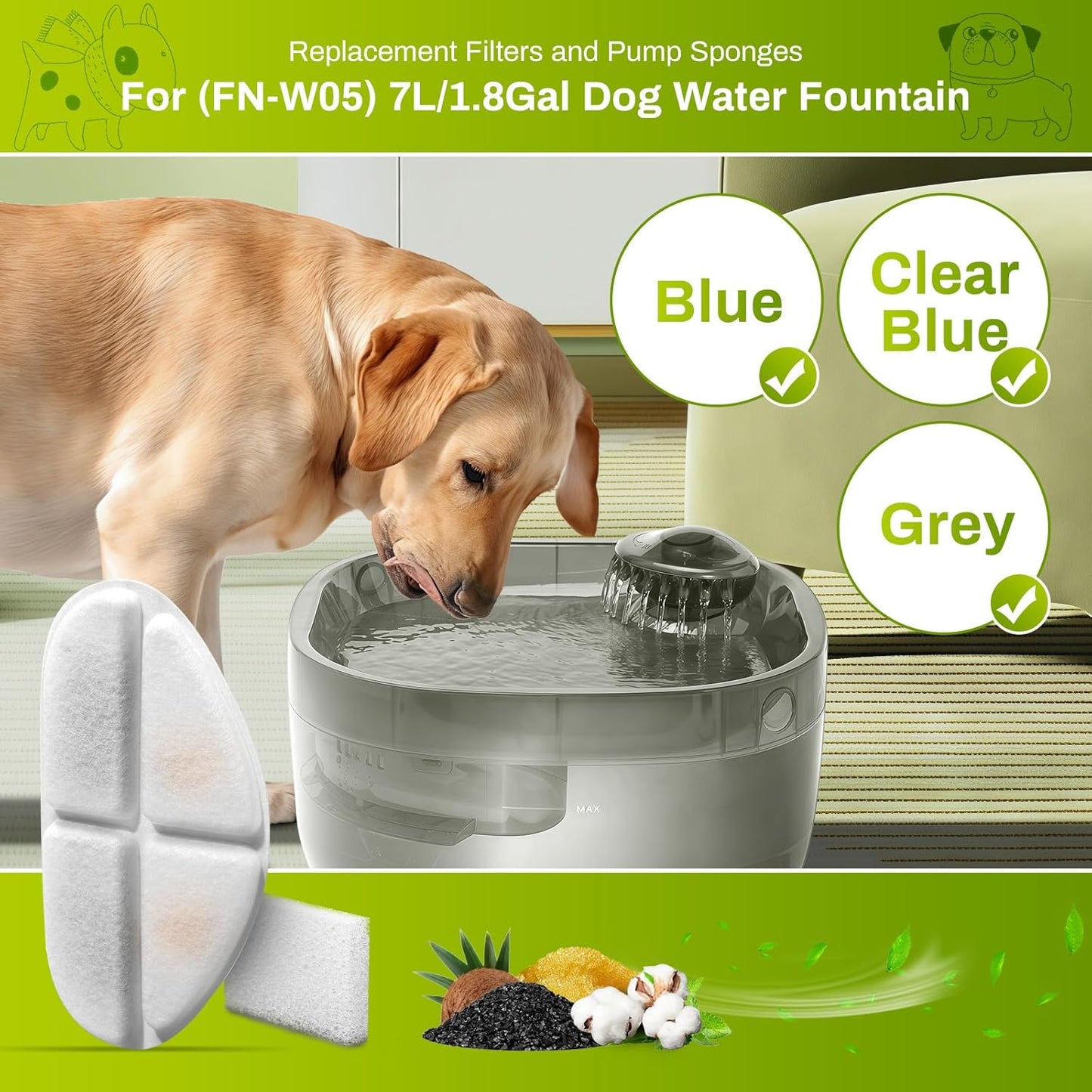 12 Pack Filters and Pump Sponges for 7L/1.8Gal Dog Water Bowl Dispenser(FN-W05), ZEKIRY Cat Water Fountain Filter, 4-Layer Filtration Pet Fountain Filters Replacement