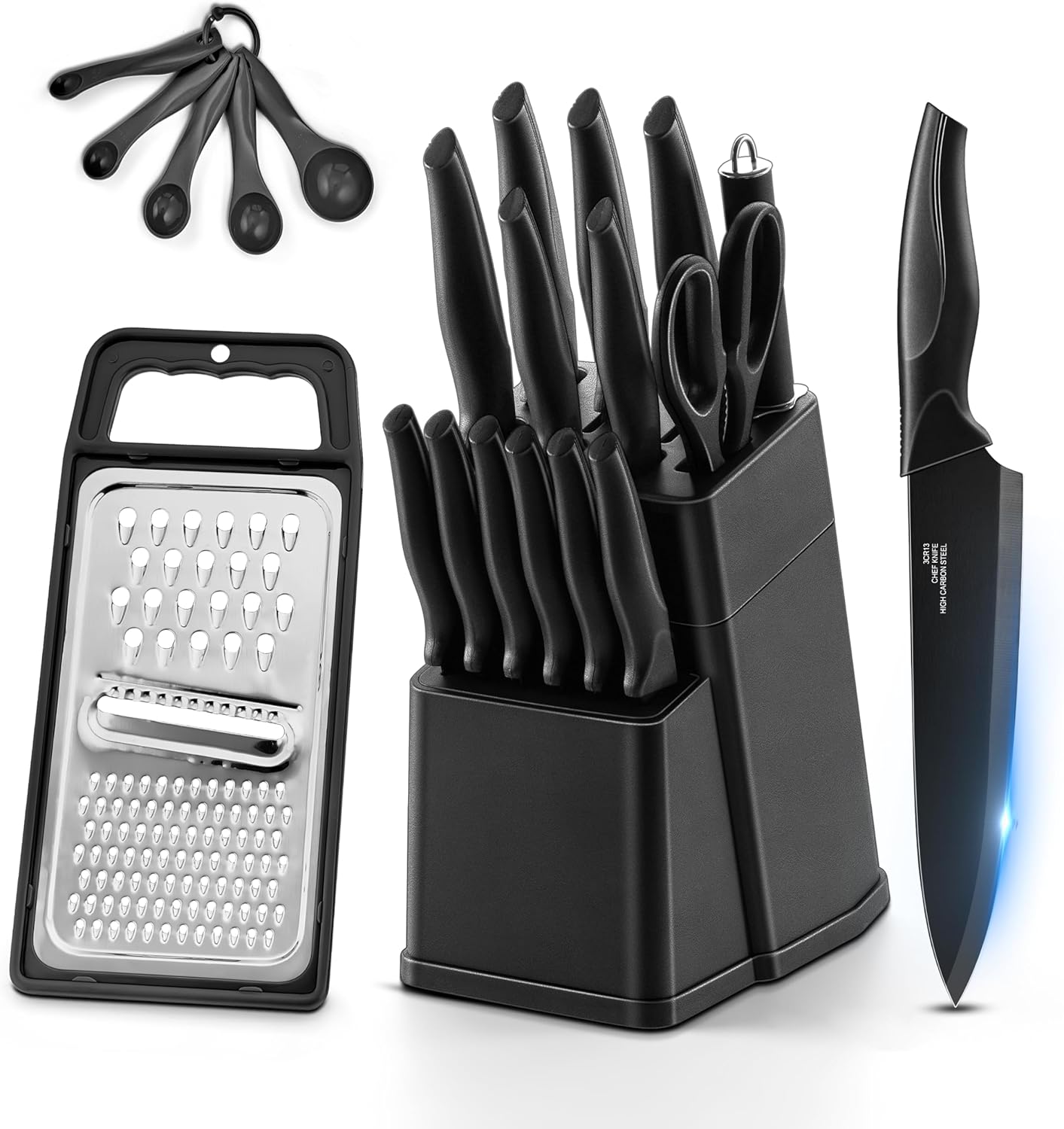 HaWare Knife Set, 21 Pieces Stainless Steel Kitchen Knife Block Set, Black Chef Knife Sets with 6 Steak Kinves, Measuring Spoon & Slicer for Home, Sharp Blade & Light Weight Cutlery, Ergonomic Handle