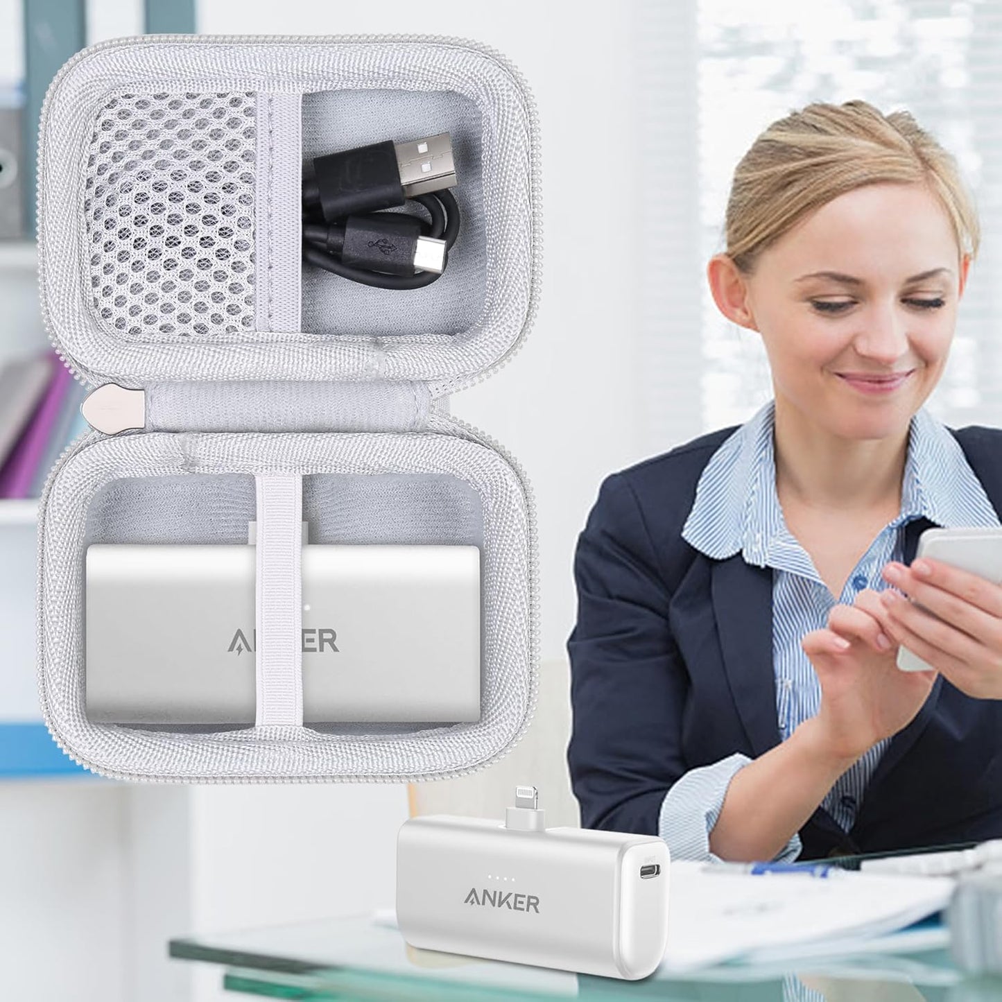 khanka Hard Travel Case with Anker 621 Nano Power Bank,5,000mAh Portable Charger,Case Only (White)