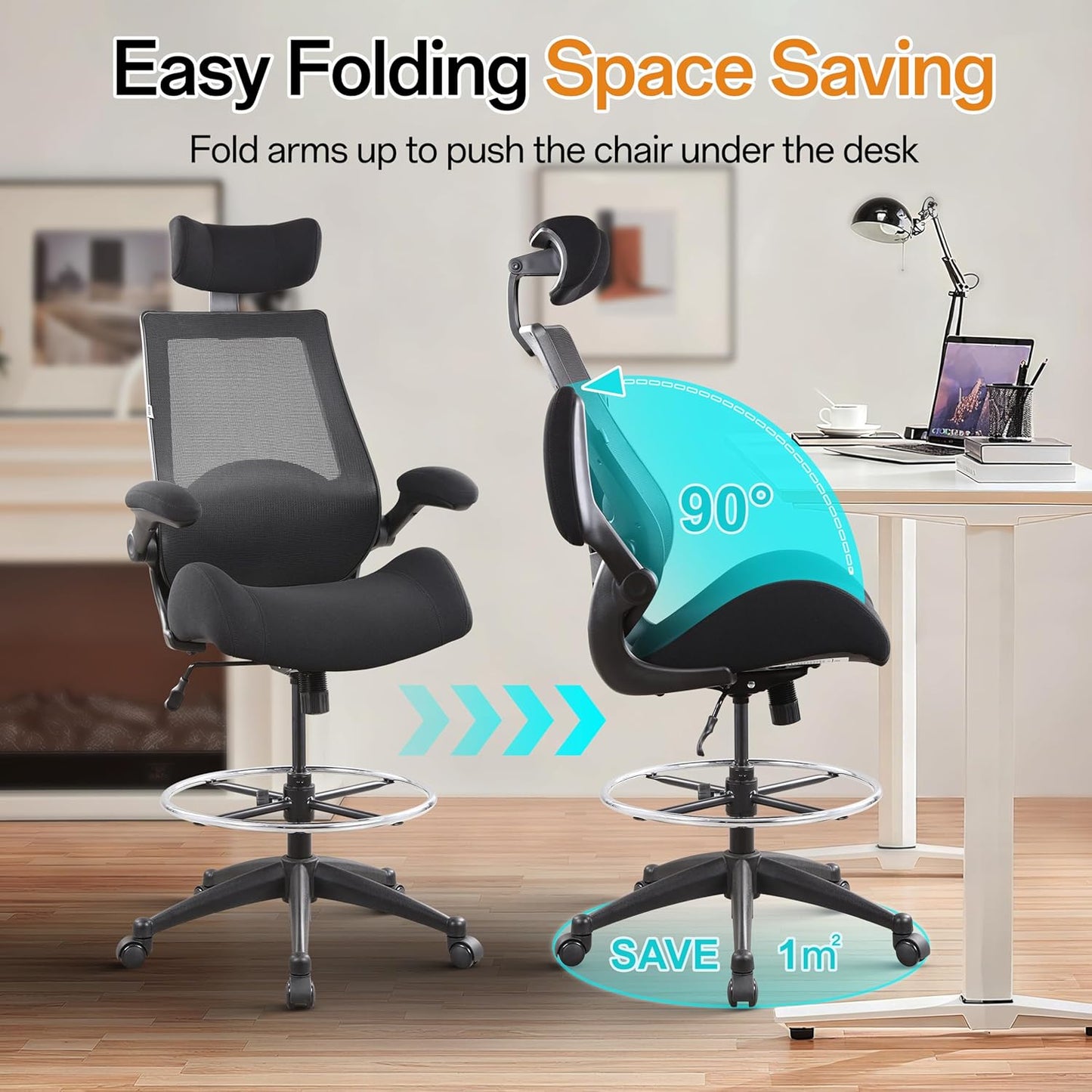 BOLISS Drafting Office Chair 400lbs High Back Wide Standing Desk Chair Comfortable with Flip up Armrests Lumbar Support Adjustable Big Footrest Ring(Black)