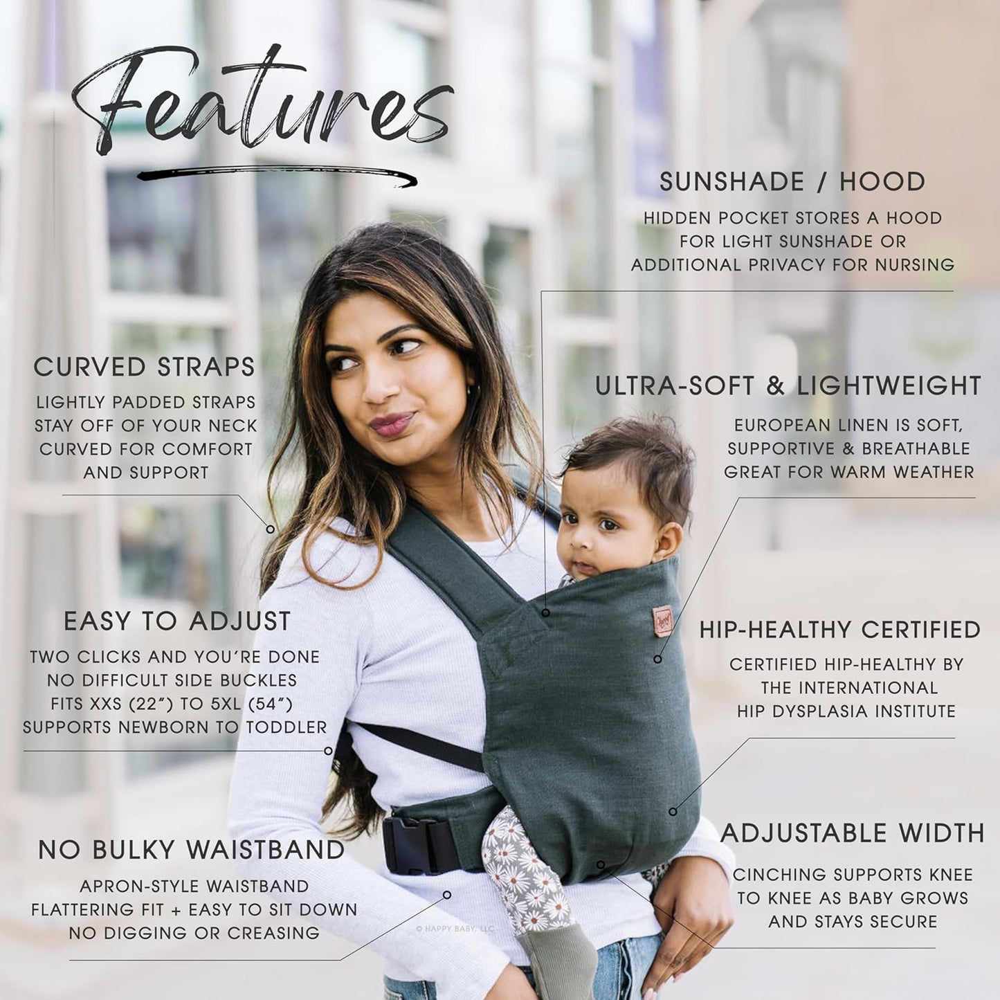 Happy! Original Baby Carrier – Lightweight Ergonomic Soft Structured Carrier for Newborns to Toddlers (7–45 lbs), Adjustable Fit, Breathable Linen, Front & Back Carry