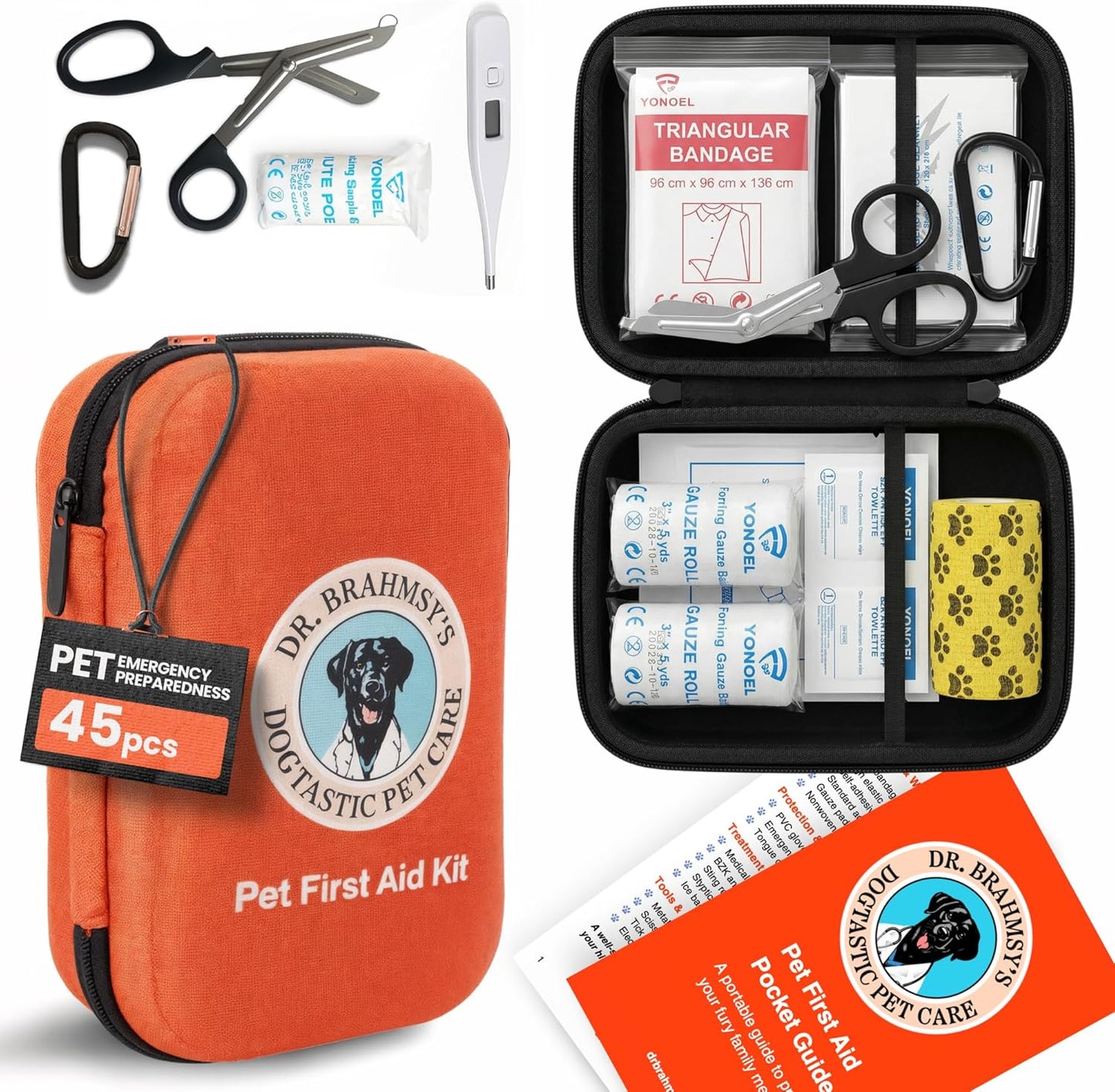 Dr Brahmsy’s Pet First Aid Kit for Dogs and Cats - Vet-Approved Essential Survival and Emergency Supplies for Home, Travel, Camping, Hiking - Packed in a Portable Waterproof Pouch - 45-Piece Set