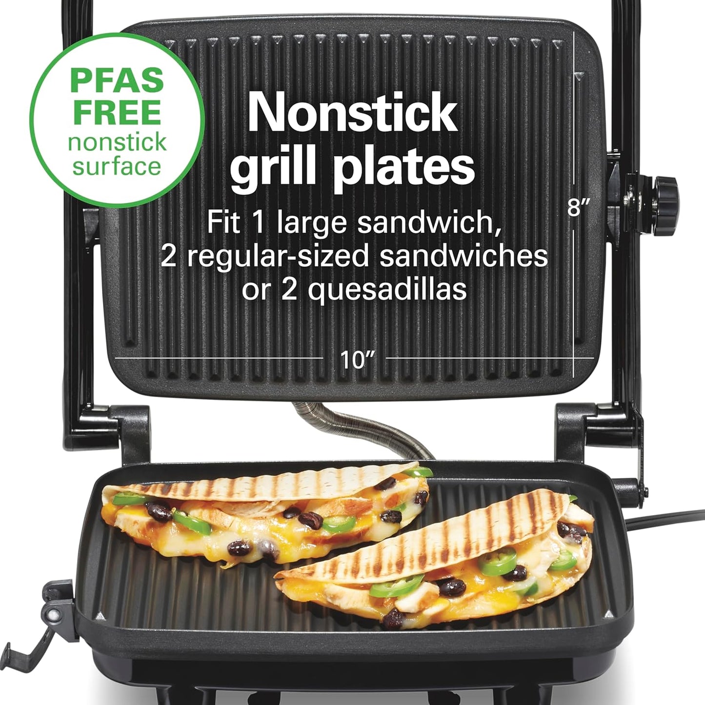 Hamilton Beach Panini Press Sandwich Maker & Electric Indoor Grill with Locking Lid, Opens Wide to Fit Any Thickness for Quesadillas, Burgers & More, Nonstick 8" x 10" Grids, Chrome (25460MNA)