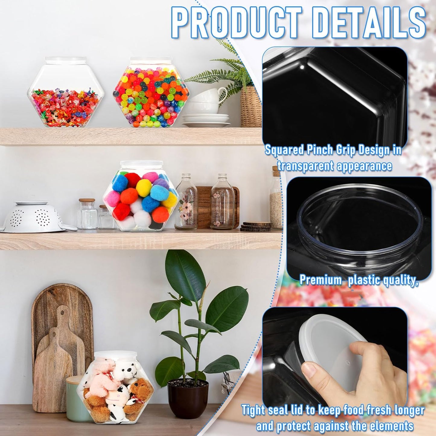 Uiifan 1 Piece Plastic Candy Jar with Lid Clear Fish Bowls Cookie Jar Hexagonal Containers for Snacks, Dog Food, Desk Pet, Craft and Sewing Supplies, Coffee Pod, Laundry Pod Storage Display(70 oz)