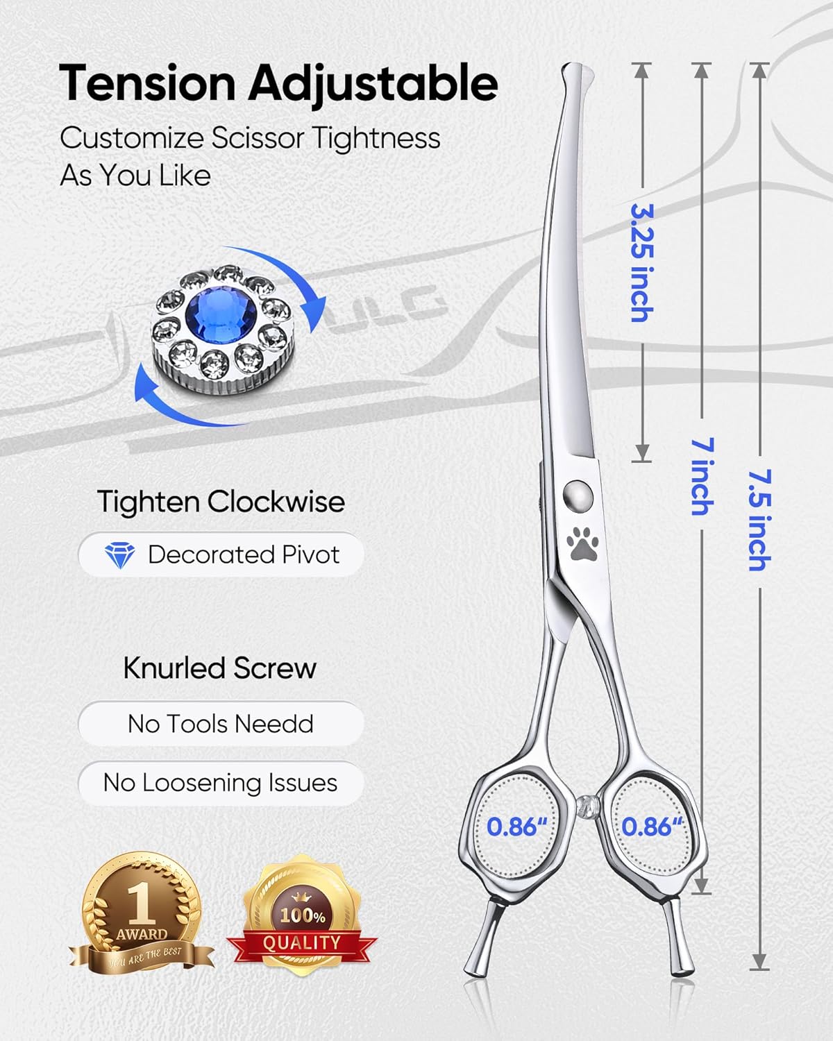 ULG Curved Dog Shears for Grooming, 7 Inch Professional Curved Dog Grooming Scissors for Trimming and Cutting, 440C Stainless Steel Pet Hair Scissors
