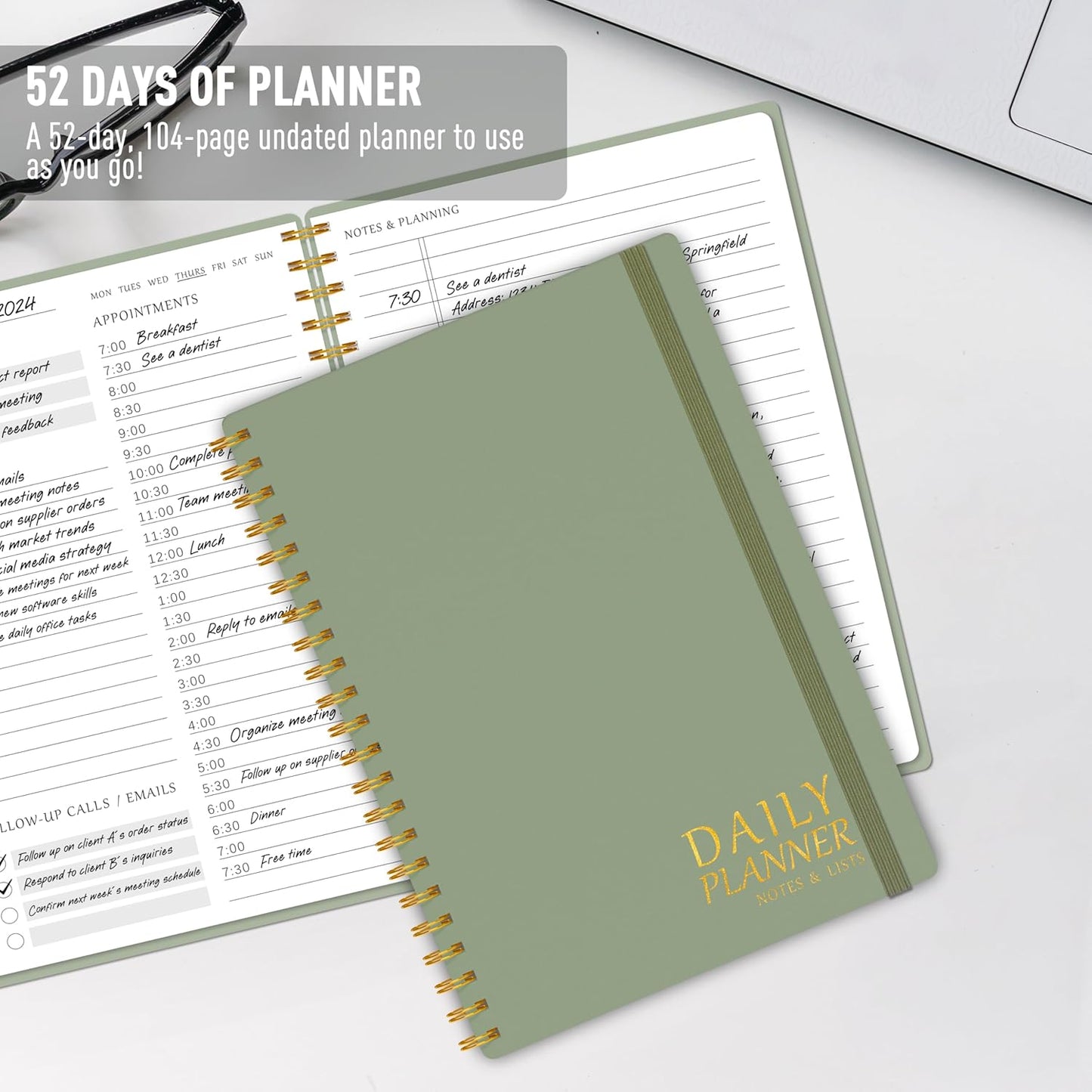 Daily Planner Undated - Simplified To Do List Notebook with Hourly Schedules, Spiral Appointment Organizer, 5.5" x 8.5", Easily Manage Your Tasks and Productivity - Green