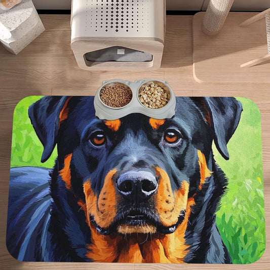 Pet Feeding Mat Leather Dog Food Mat Waterproof Pet Tablecloth Cool Rottweiler Dog Art Pet Placemat for Dogs Absorbent Dog Bowl Mat Anti-Slip Dogs Mats for Food and Water