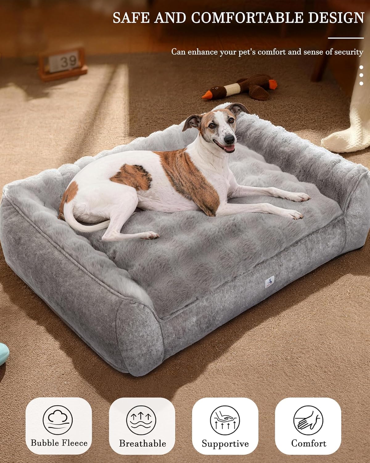 48“ Dog Bed with Shredded Foam Filling, Calming Pet Sofa with Removable Washable Cover, Soft Faux Fur Bolster Couch for Dogs, Anti-Slip Bottom