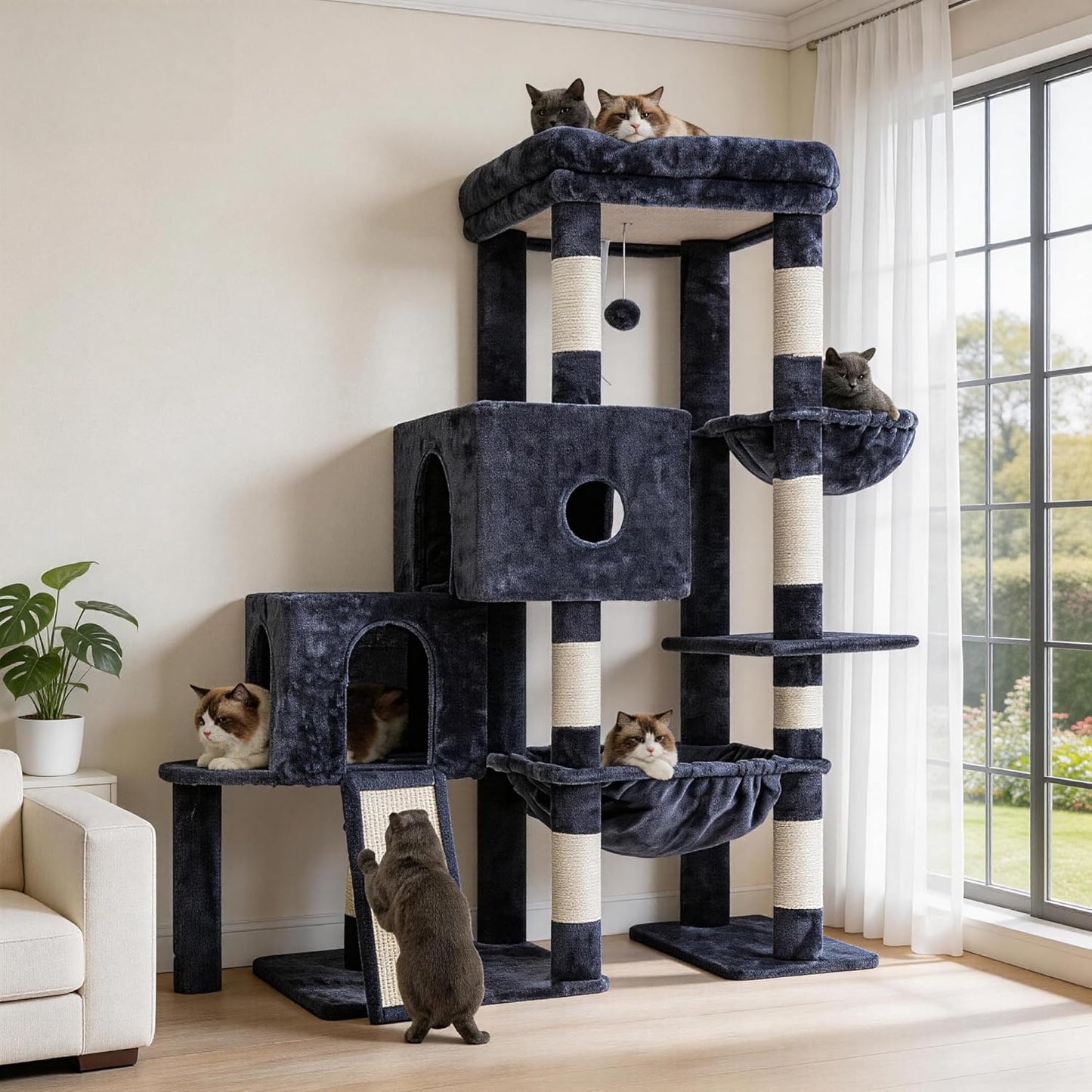 Hey-brother Cat Tree Tower, Scratching Posts with Big Platform, 2 Condos, Spacious Hammock, Cozy Basket, Sisal Board for Indoor Large Adults, 50 Inches Progressive Climbing House, Smoky Gray MPJ071G