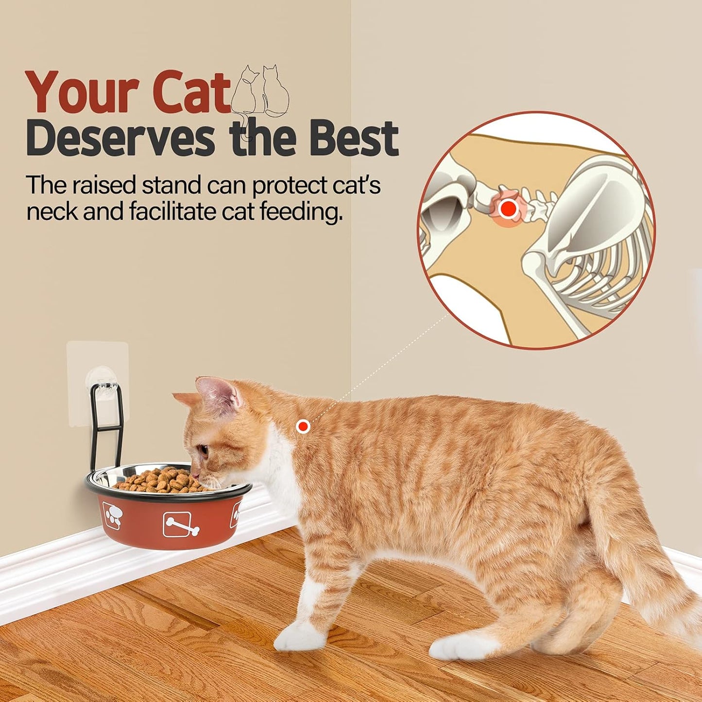 Torlam Elevated Pet Bowls, Wall Mounted Cat Food Dish, Raised Cat Food and Water Bowls, Stainless Steel Elevated Pet Bowls with Stand, Nonslip No Spill Pet Feeding Bowls (2 Packs) (Red)