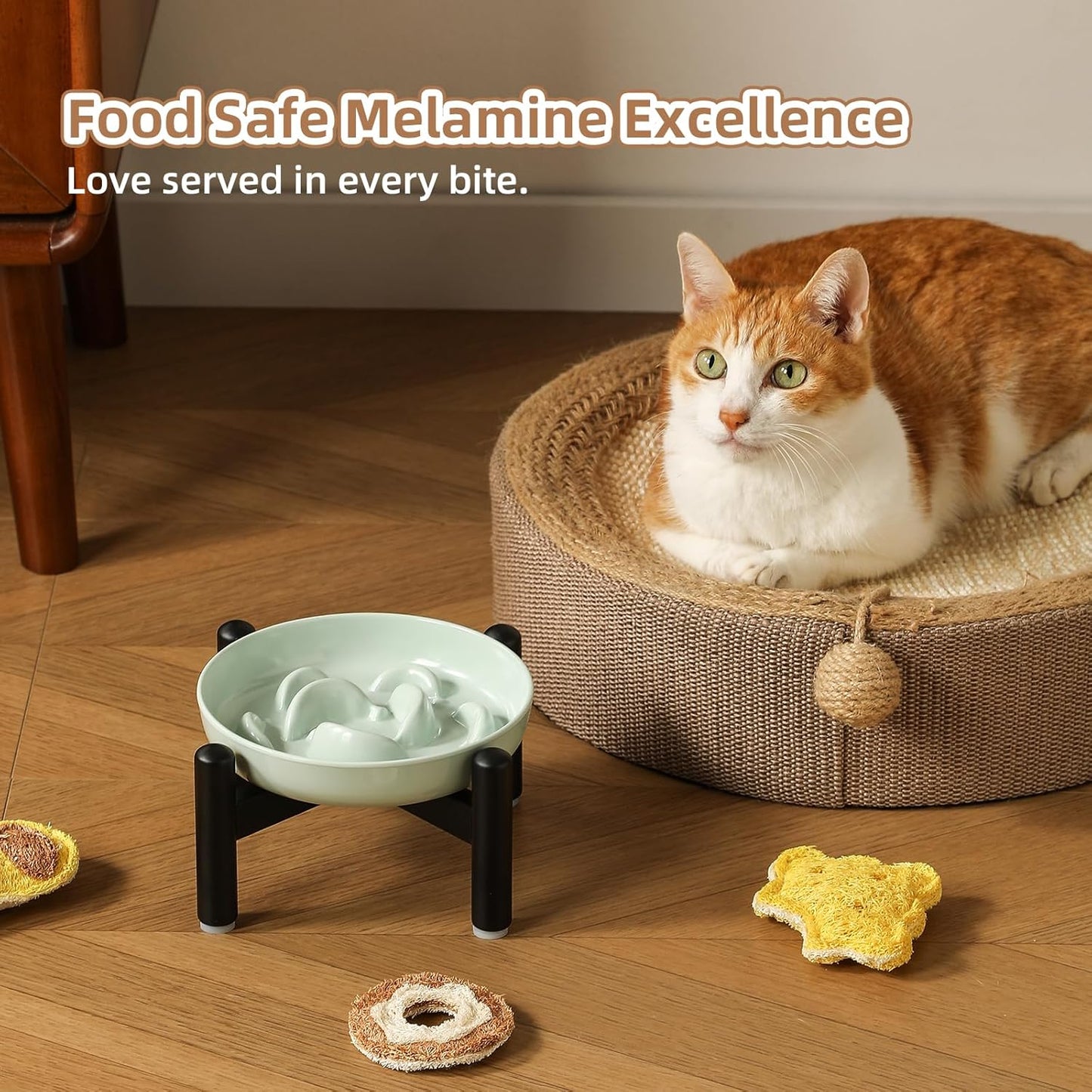 Elevated Slow Feeder Cat Bowl - Melamine Cat Food Plate with Anti-Slip Metal Stand - Raised Maze Dish for Slow Eating - Pale Blue