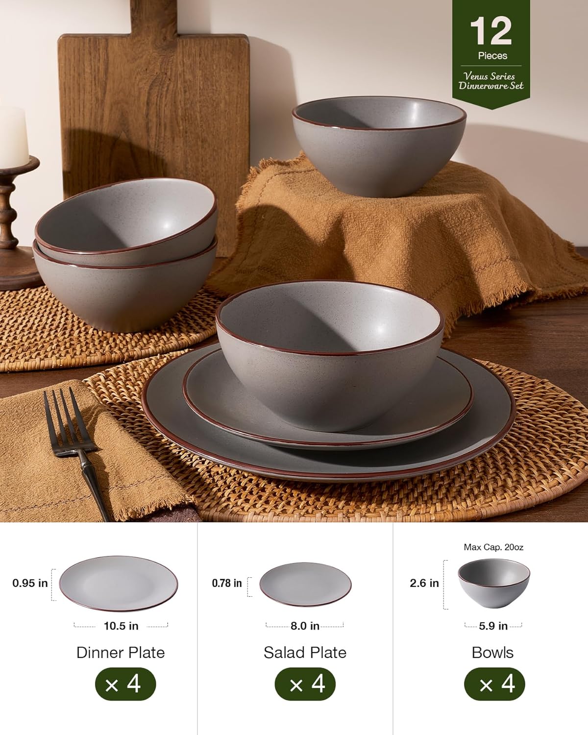 Famiware Venus Plates and Bowls Sets, 12 Pieces Stoneware Speckled Dinnerware Dishes Set for 4, Matte Dark Gray - Microwave & Dishwasher Safe, Modern Minimalist, for Everyday Meals & Formal Dining