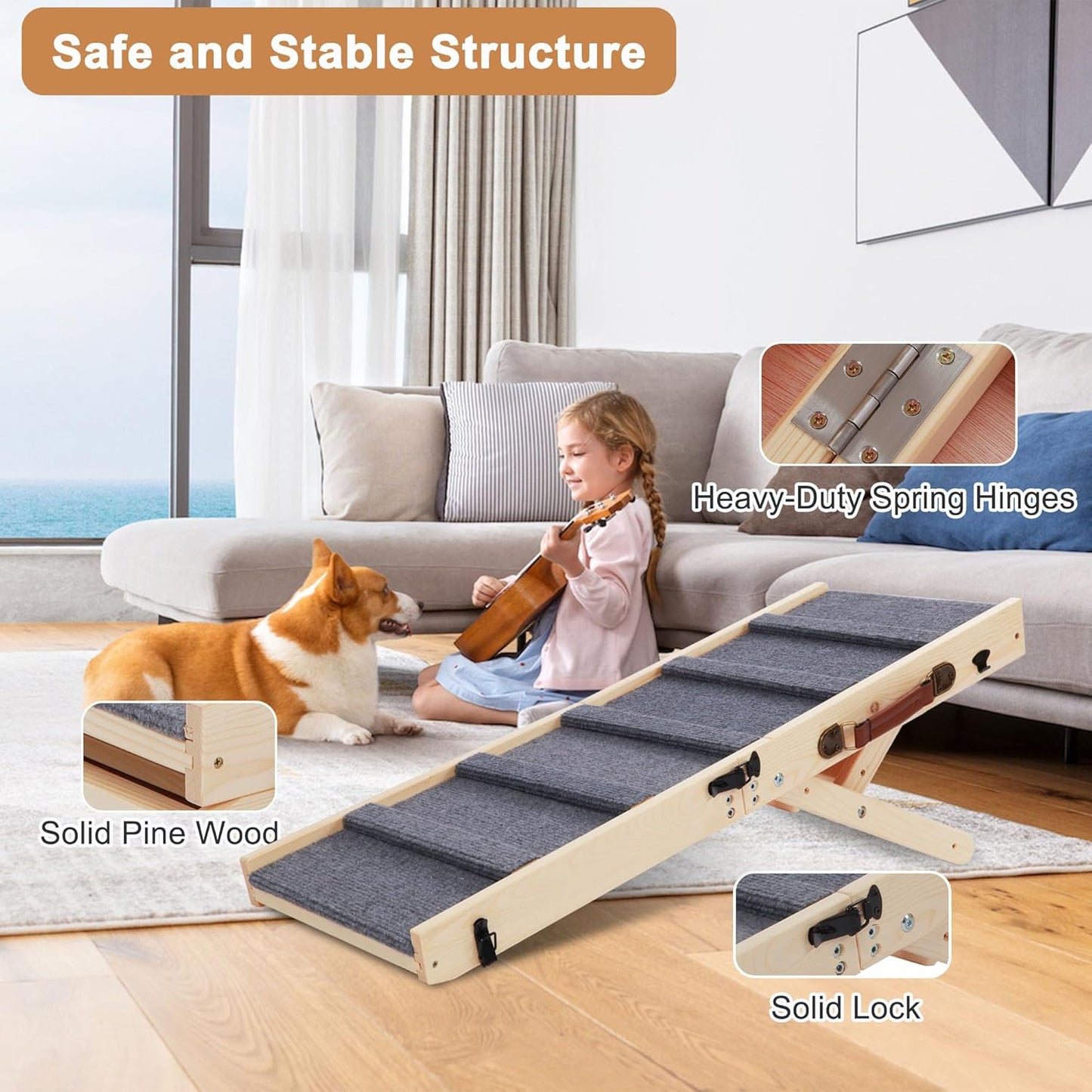 Rockever Dog Ramp, Folding Dog Ramp, Wooden Non-Slip Dog ramp for Couch for Small Medium Old Dogs, Adjustable from 11" to 14" 3 Levels Pet Ramp for Couch, Bed, Car