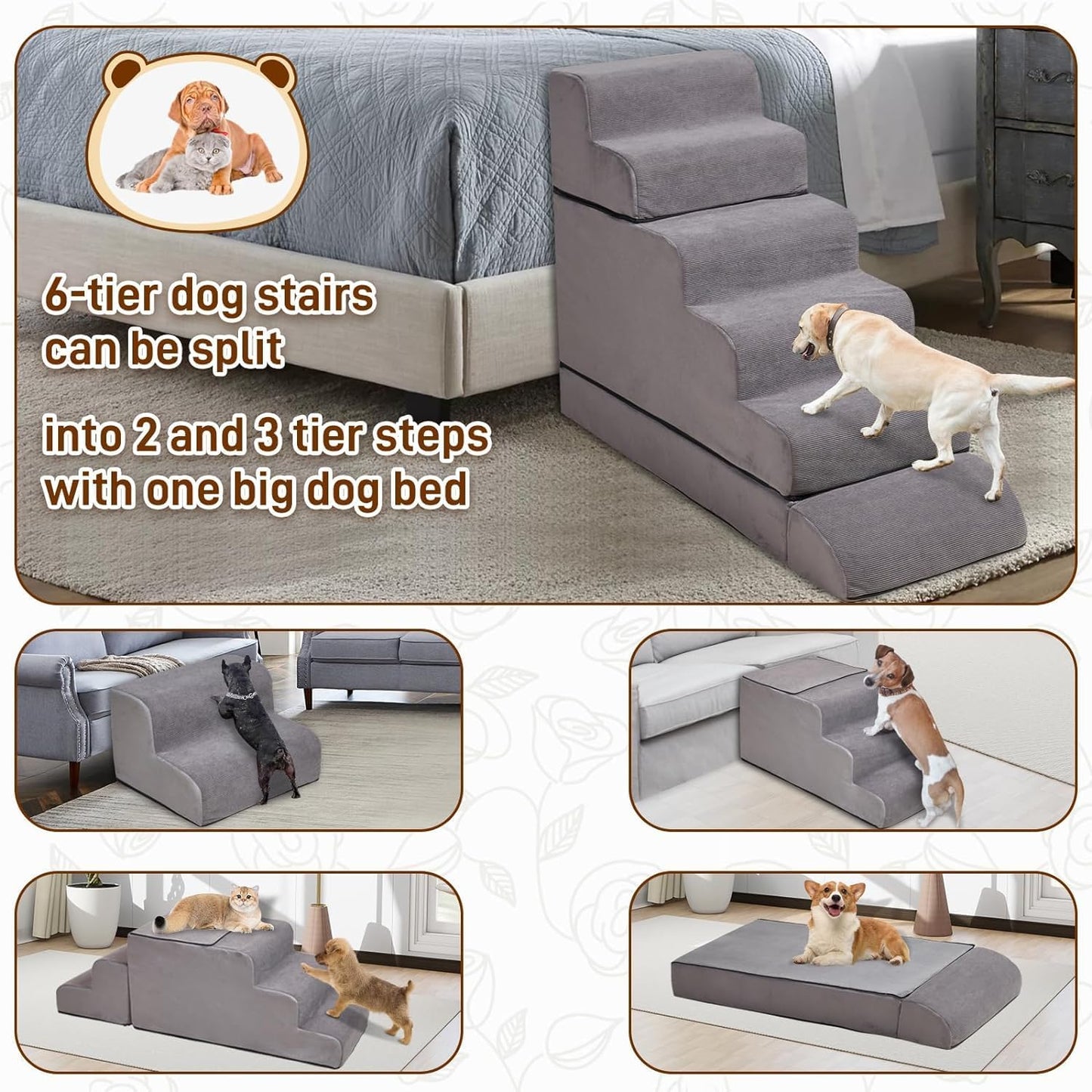 Dog Stairs for High Beds Up to 24-30"，Non-Slip 6 Steps Pet Stairs for Small Medium Dogs & Senior Cat，Washable Cover