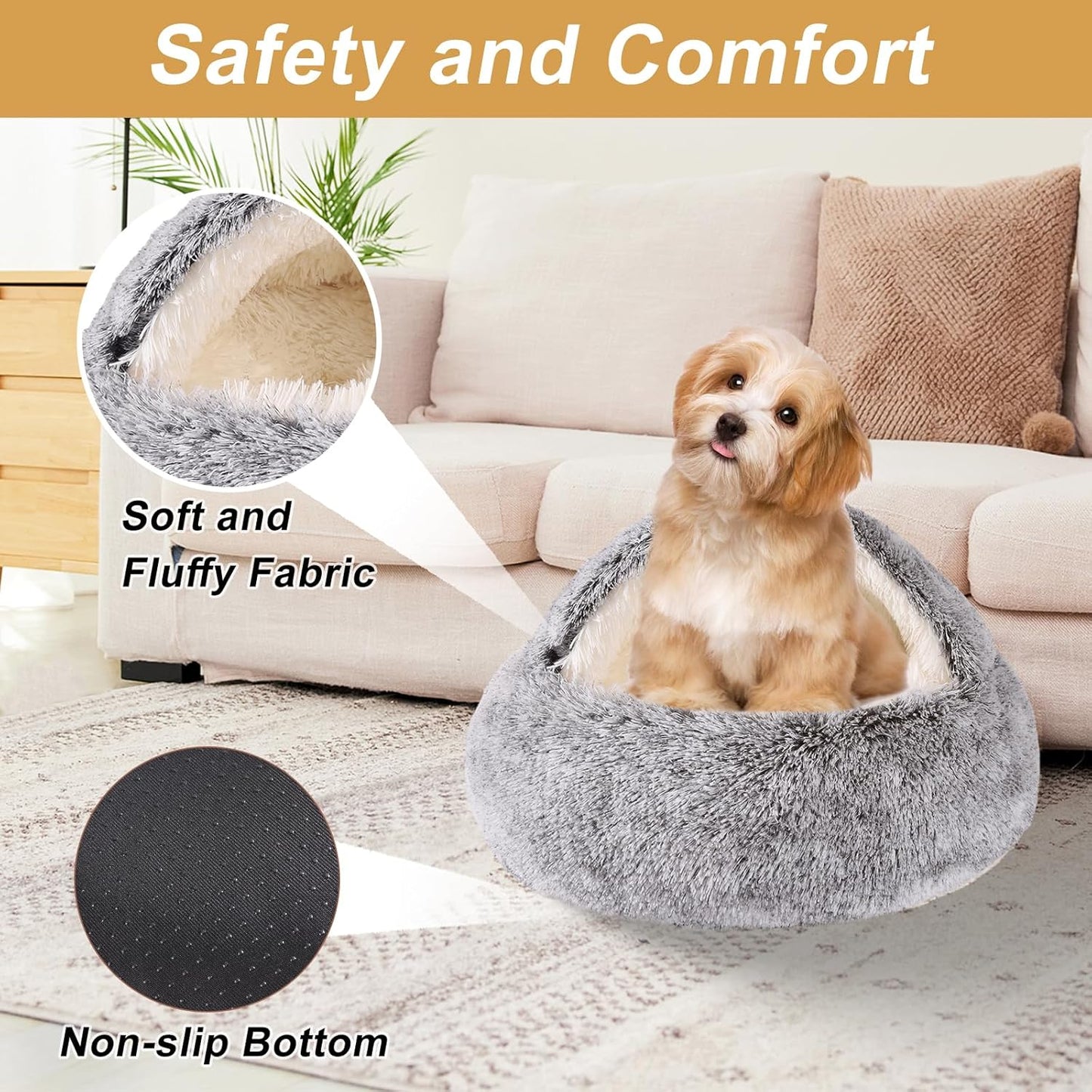 Hooded Dog Bed for Small Dogs, Nest Dog Beds, Washable Cute Cat Cave Bed, Cozy Nook Pet Bed for Dogs or Cats, Anti-Slip Puppy Bed Fits up to 22 lbs Pets(Grey, 20" x 20")