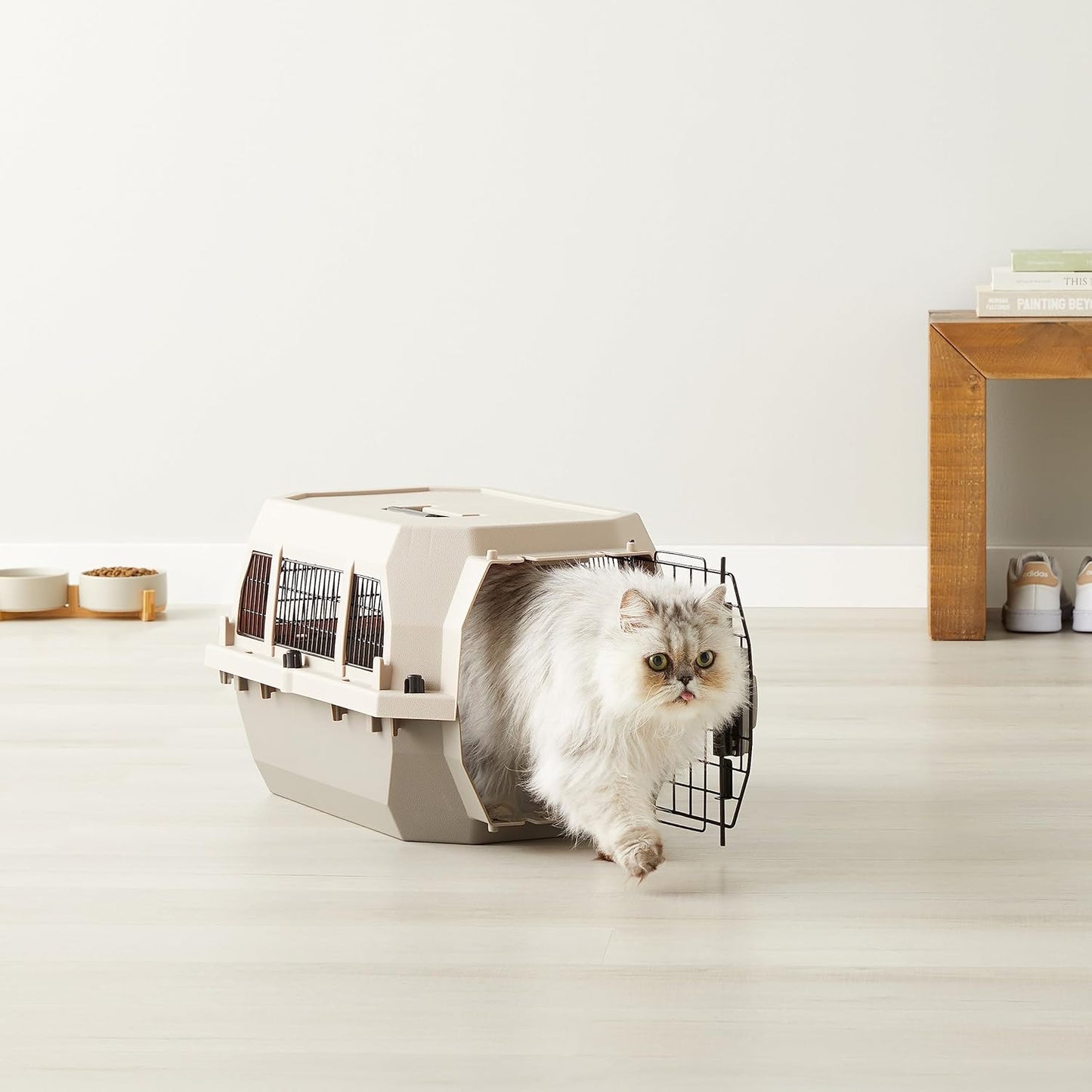 Amazon Basics Hard-Sided Dog and Cat Kennel, Single-Door Travel Pet Carrier with Metal Wire Ventilation, 23.6"L x 15.7"W x 13"H, Beige