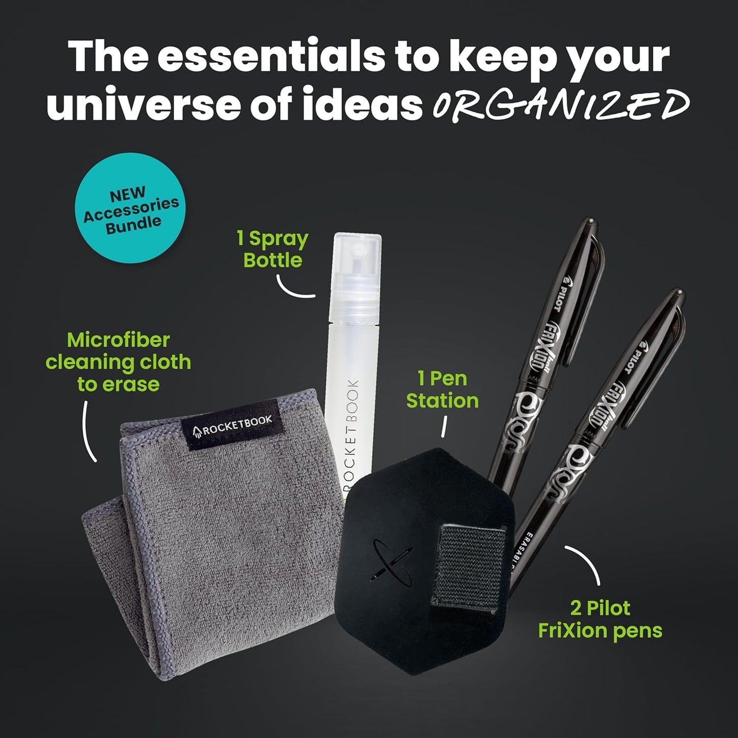 Rocketbook Accessory Kit – Complete Set with 2 FriXion Gel Pens, Spray Bottle, Microfiber Cloth & Pen Dock – Compatible with Rocketbook Notebooks & Planners for Effortless Organization Daily