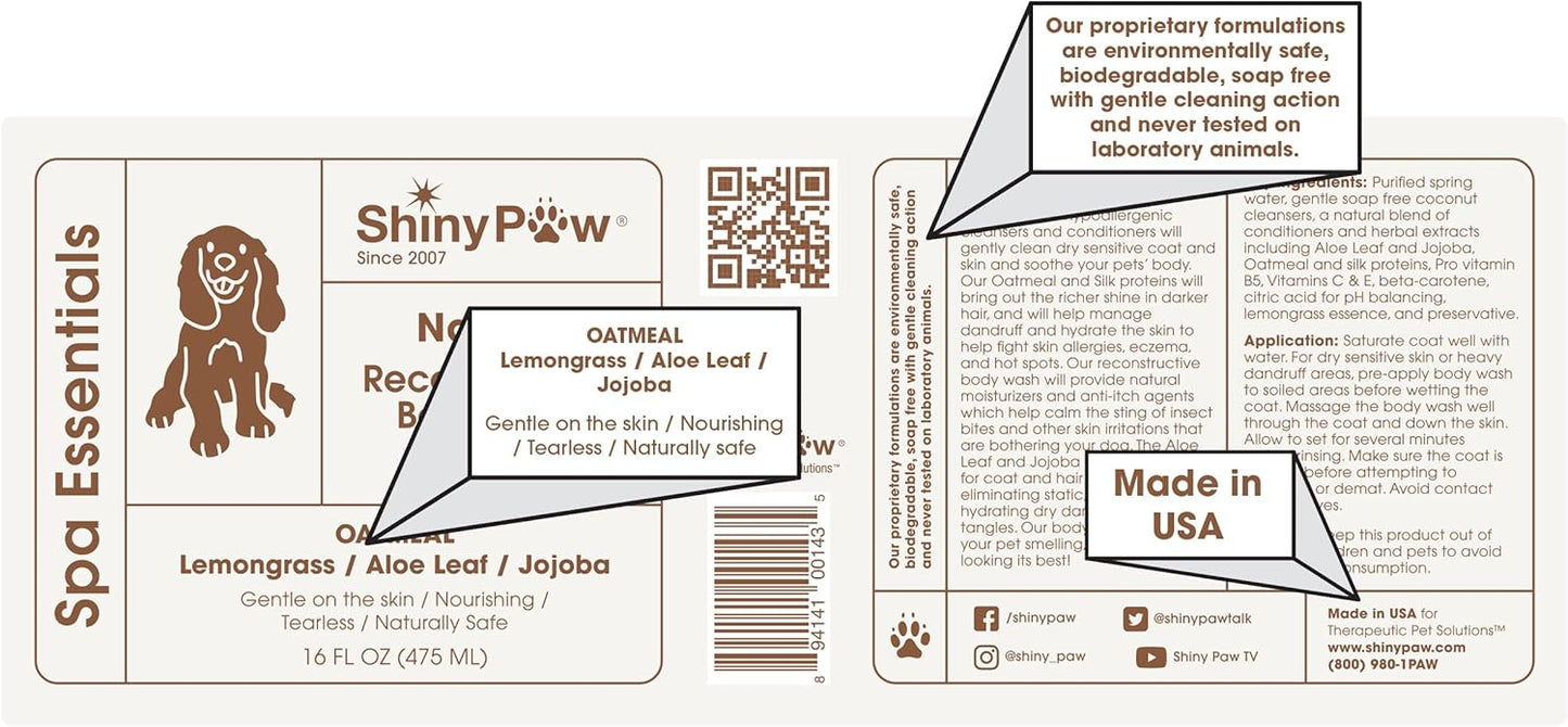 Oatmeal Shampoo for Dogs 16 oz | Shiny Paw Dog Shampoo for Allergies and Itching | Controls Dog Shedding Naturally | Itchy Skin Relief for Dogs | Tearless Dog Shampoo & Conditioner
