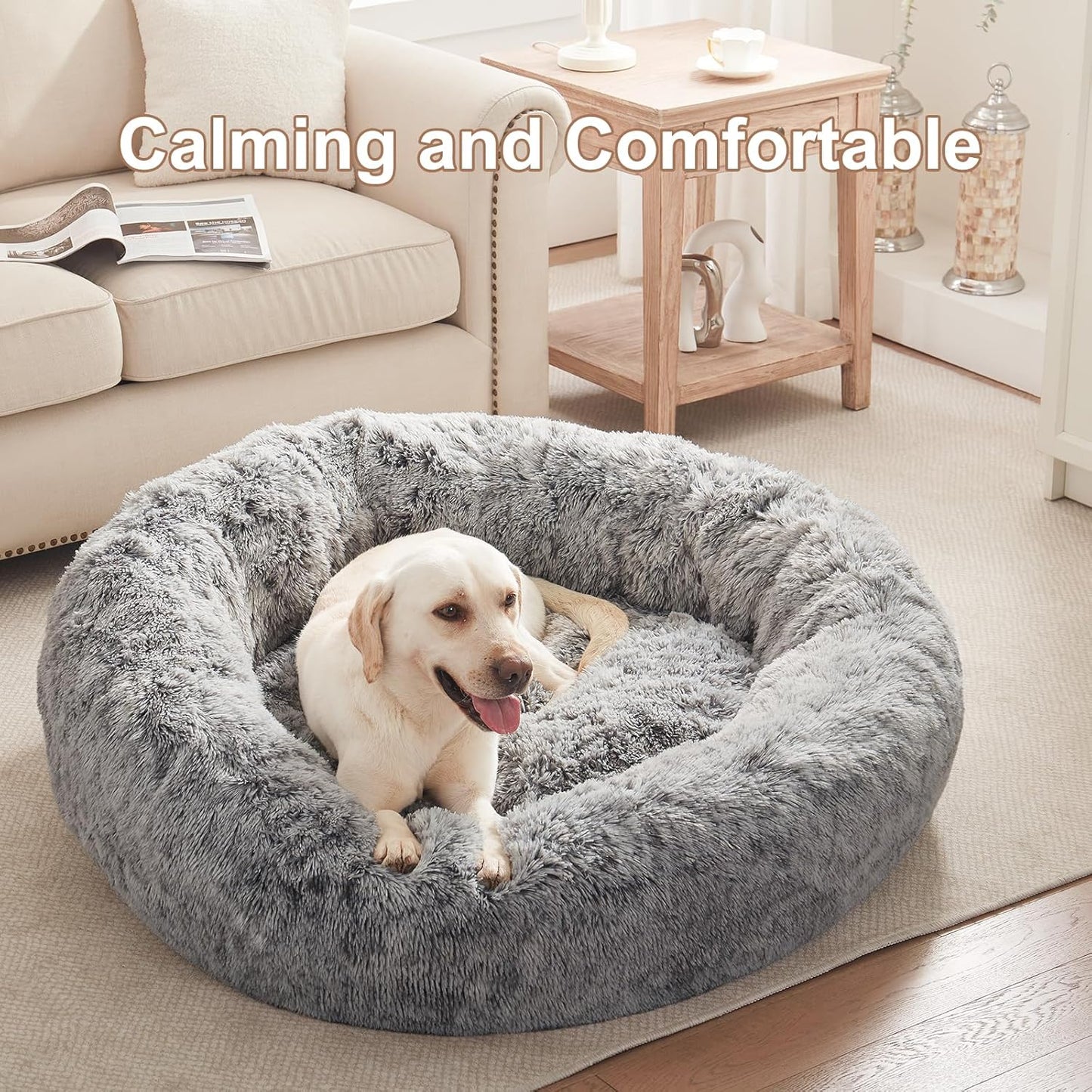 45 inches Donut Dog Bed for Extra Large Dogs,Calming Fluffy Round Jumbo Pet Bed with Removable & Washable Cover, Fits up to 120 lbs Pets (Dark Grey,XL)