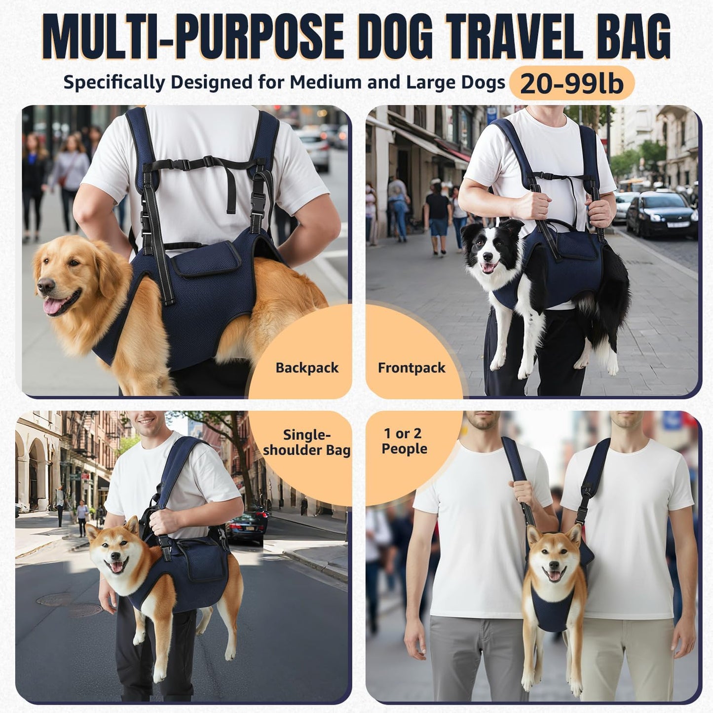 Nasjac Dog Lift Harness Carrier Backpack - Full Body Sling with Adjustable Straps & Handle, Breathable Support Emergency Rescue Kit for Elderly Injured Arthritic Disabled Medium Large Dogs, 2XL