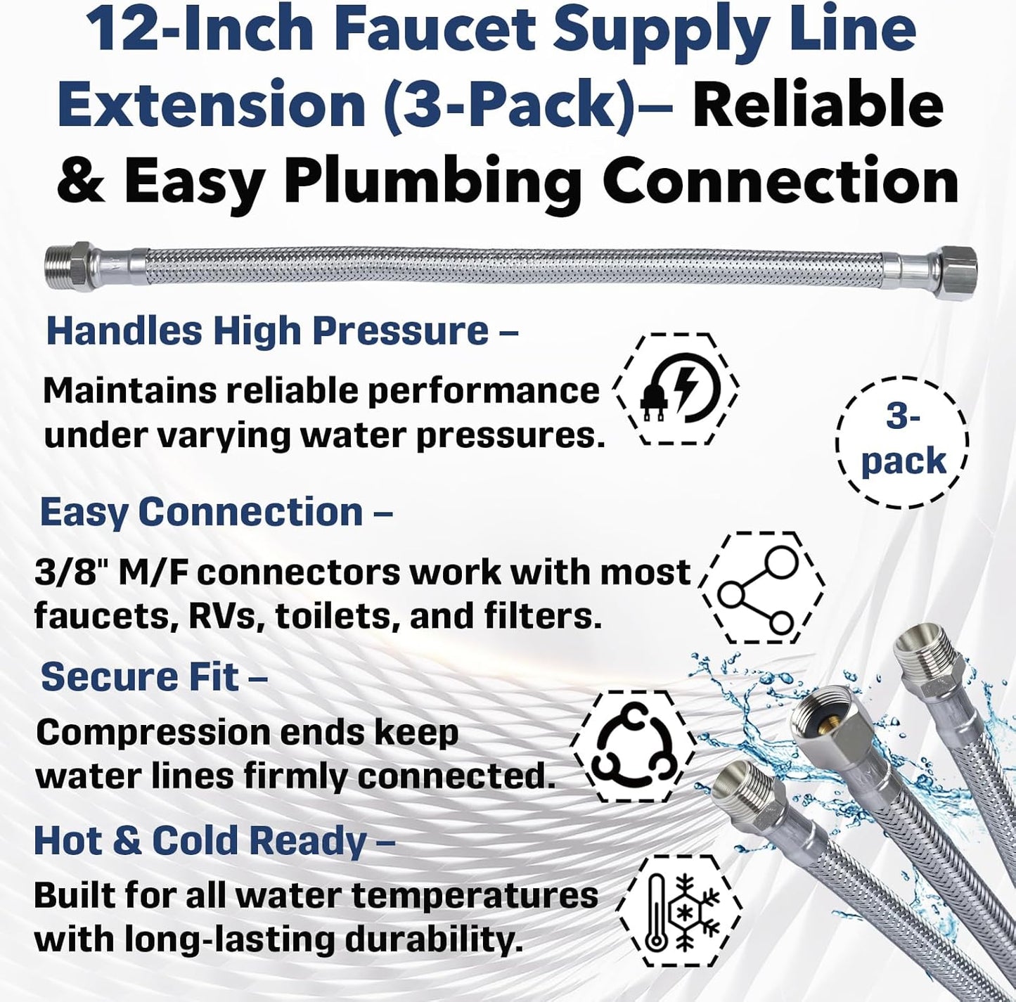 (3-Pack) Faucet Supply Line Extension, 12-Inch – 3/8" Male to 3/8" Female Compression, Stainless Steel Braided with PEX Inner Tube – Ideal for Bathroom, Kitchen, RV & Water Filter Systems