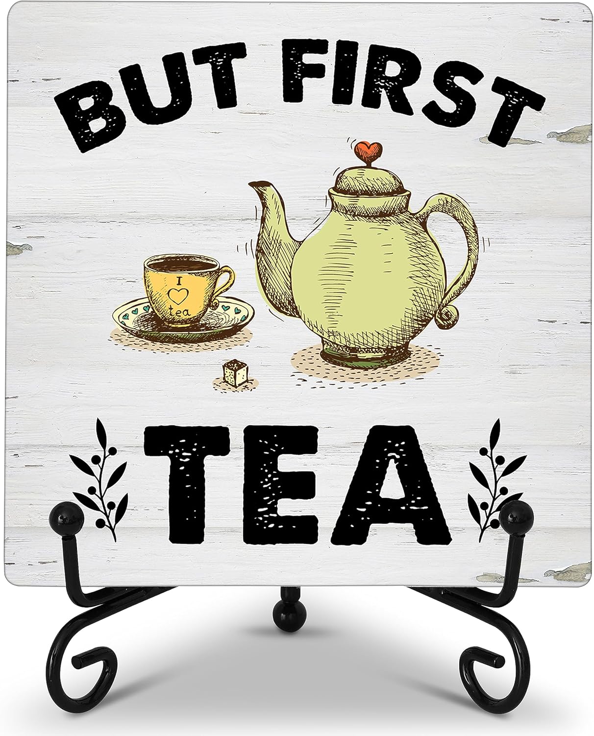 ONDTOM But First Tea Wooden Sign, Teapot and Teacup Wood Plaque with Support Stand, Kitchen Home Office Tea Room Decor - B89