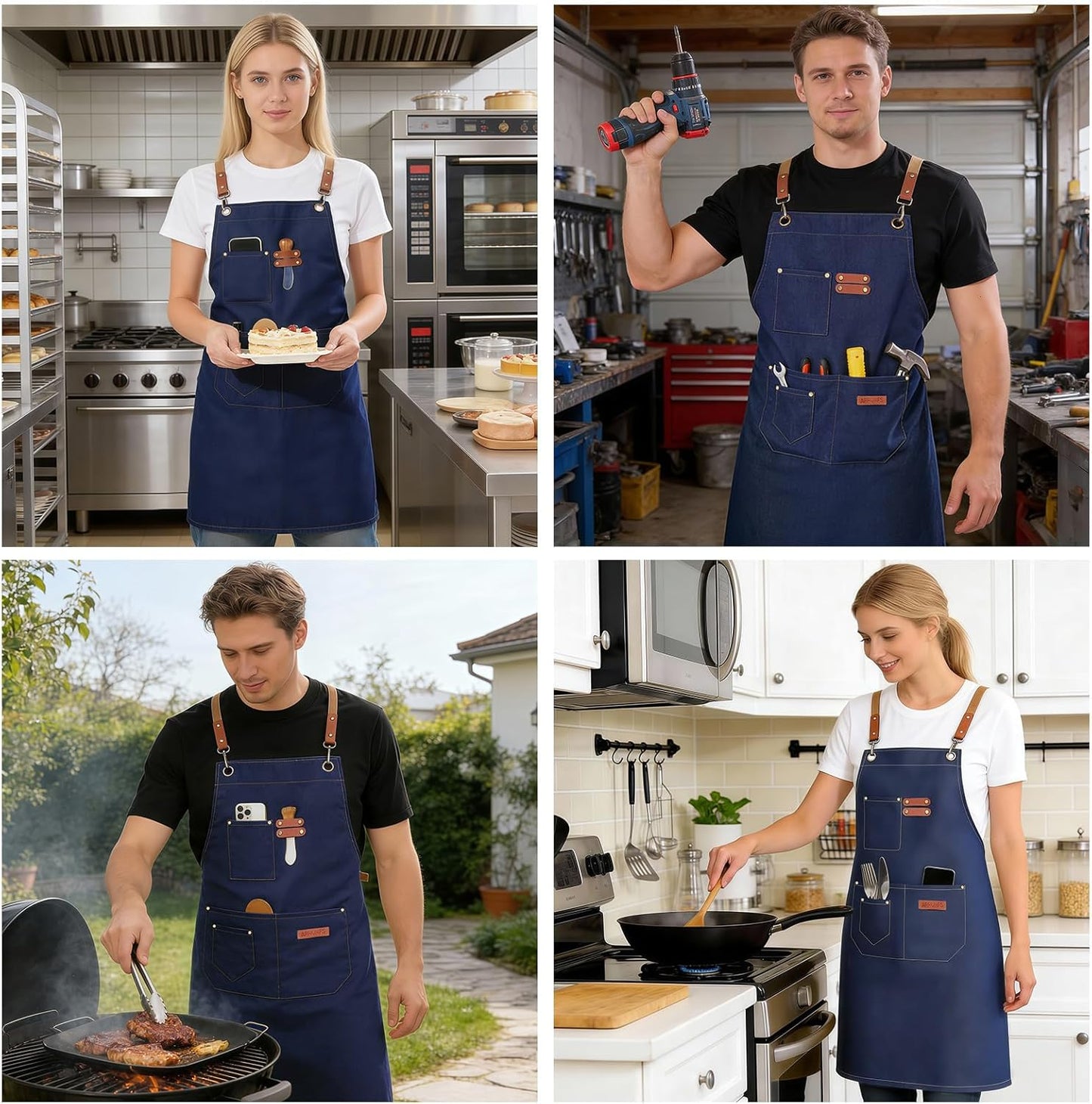 Chef Aprons for Men Women with 4 Large Pockets, Cotton Canvas Cross Back Adjustable Apron for Work grilling kitchen gardening